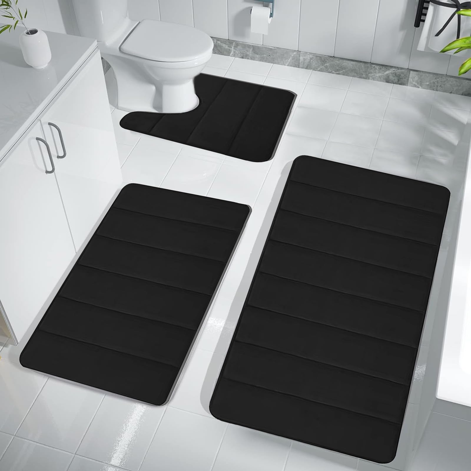 Premium 3-Piece Memory Foam Bath Rug Set - Non-Slip, Super Absorbent & Quick-Dry Bathroom Mats - Machine Washable, Extra Thick & Soft - Perfect for Bathroom, Shower & Spa Areas - Dark Color