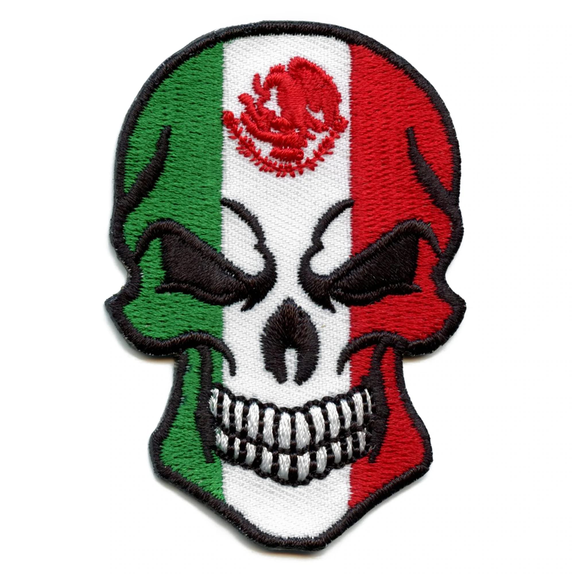Angry Skull Mexican Flag Embroidered Iron On Patch - DIY Clothing Accessory for Jackets, Hats, Bags | Punk Style, Biker Gear, Cosplay Costume