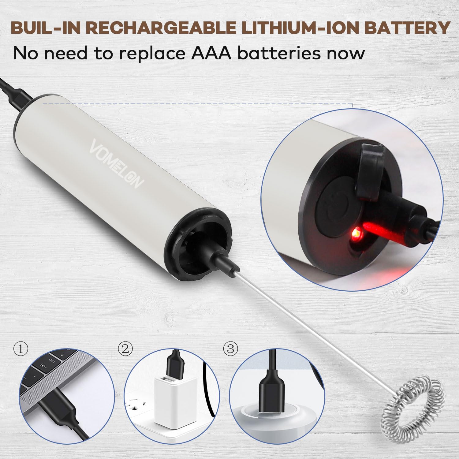 Rechargeable Milk Frother for Coffee - Portable Electric Drink Mixer with 2 Stainless Steel Whisk Heads - Perfect for Keto Coffee, Latte, Cappuccino & Hot Chocolate - Ideal for Home, Office & Travel Use