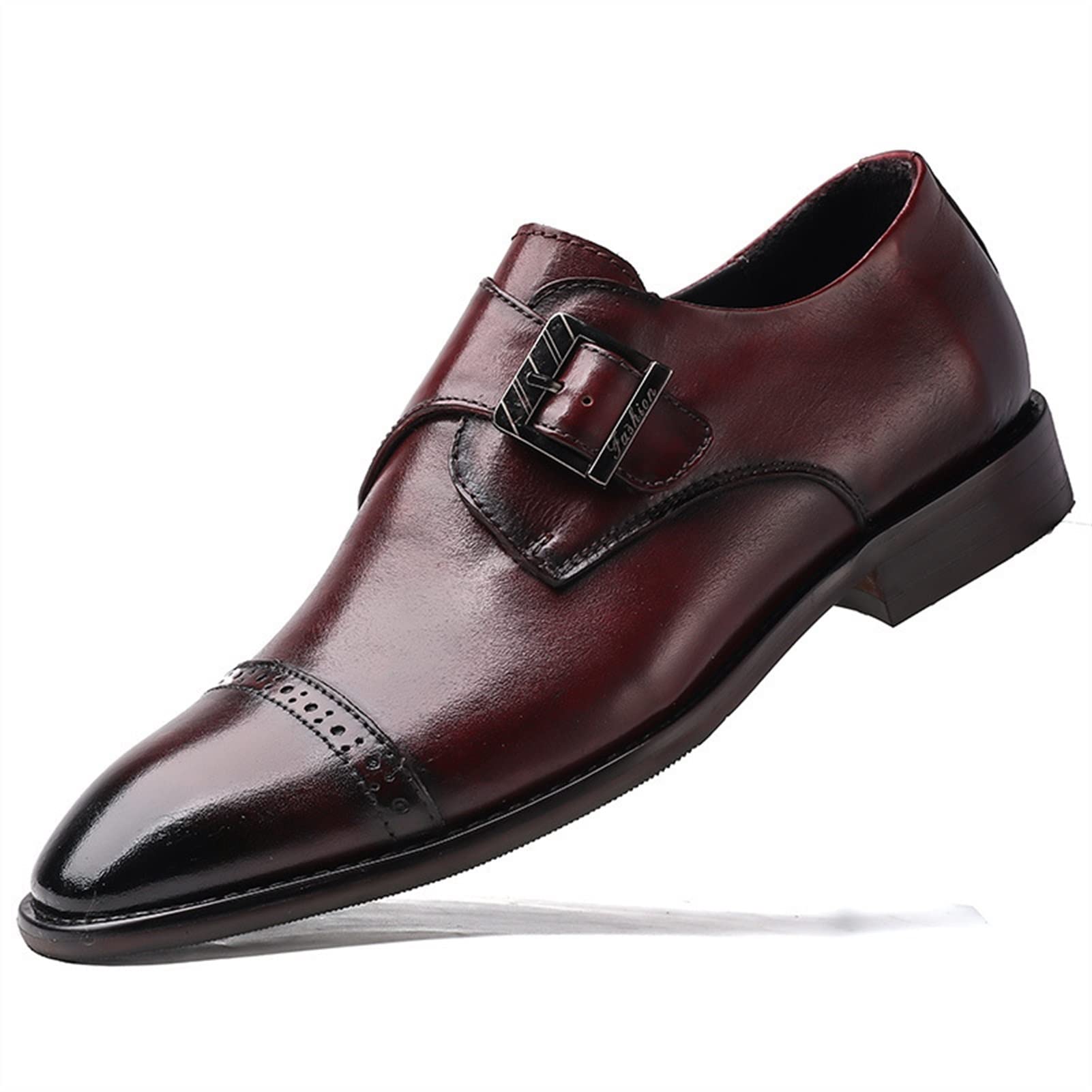 Premium Men's Leather Dress Shoes - Slip-On Monk Strap Formal Shoes with Burnished Toe Cap & Anti-Slip Sole | Elegant Business, Wedding & Office Wear | Wine Red