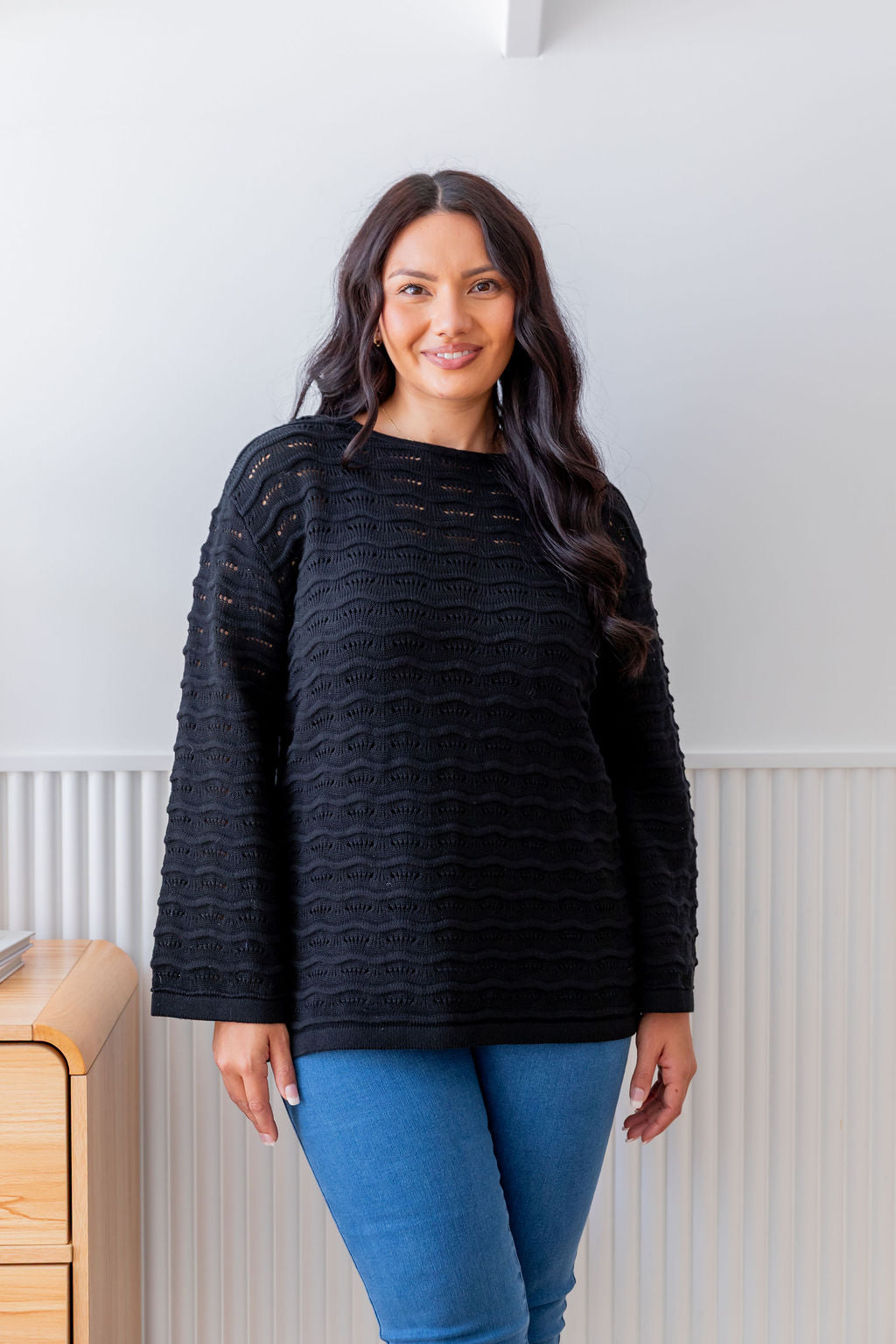 Black Waves Knit Sweater - Soft & Stylish Women's Pullover for Casual Wear & Layering
