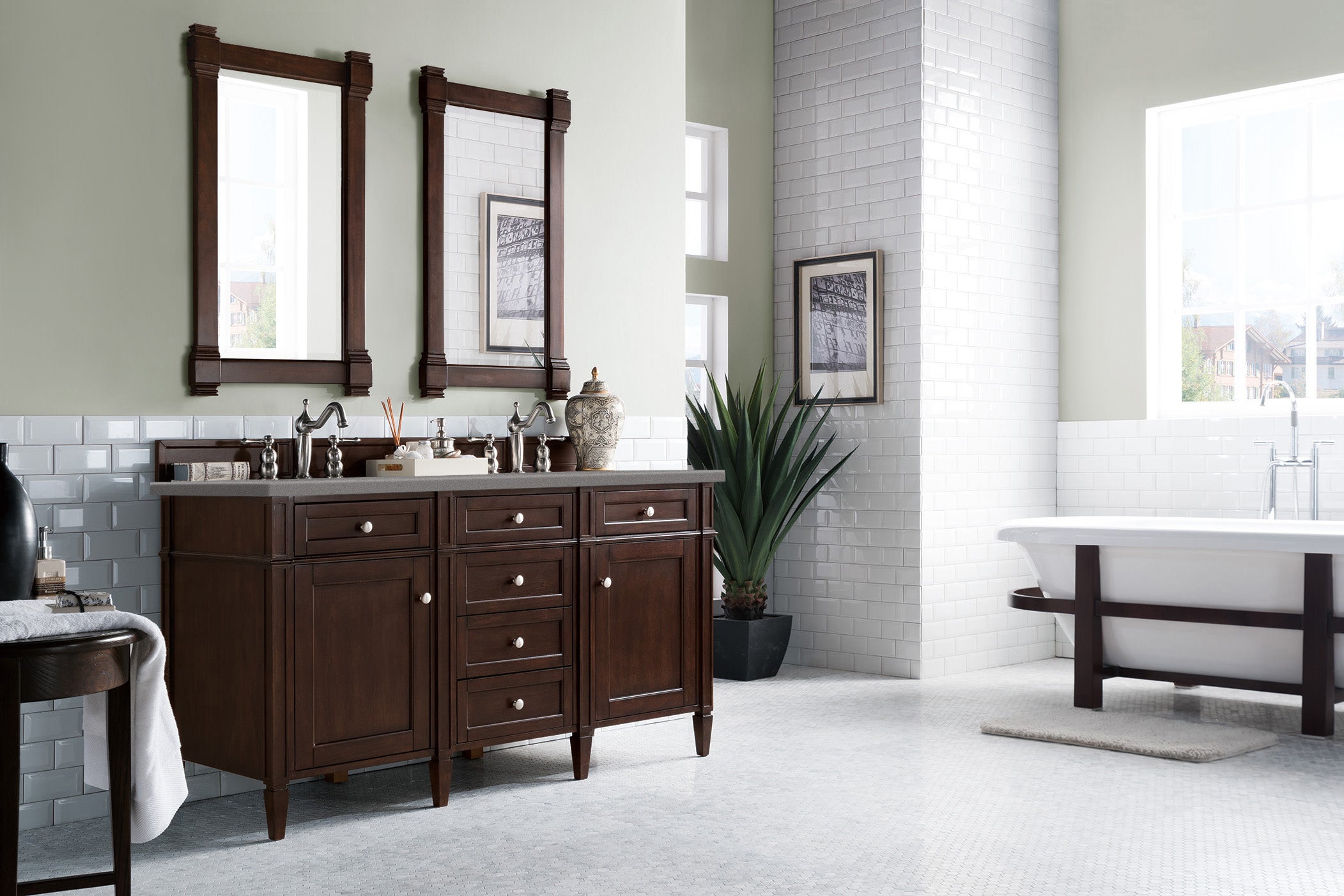 Brittany 60 Inch Burnished Mahogany Double Bathroom Vanity with 3CM Gray Expo Quartz Countertop - Perfect for Master Bathroom Renovation and Luxury Home Upgrade