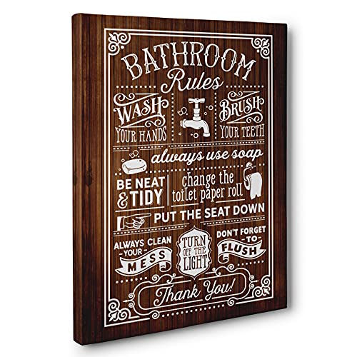 Bathroom Rules Canvas Wall Art - Funny Home Decor Sign for Bathroom, Restroom & Powder Room - Perfect Housewarming Gift for New Homeowners