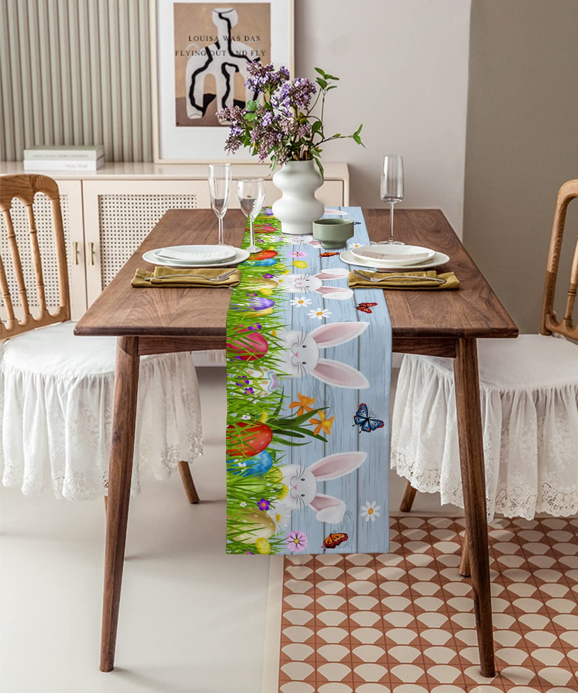 70 Inch Easter Table Runner - Burlap & Cotton Easter Egg Bunny Design with Spring Flowers & Butterflies in Green & Blue - Perfect for Kitchen, Dining, Wedding, Coffee Party & Home Decor | Seasonal Holiday Table Setting & Spring Home Decoration