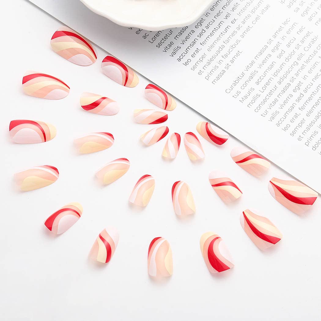 Short Almond Press on Nails - Glossy Pink Fake Nails with French Manicure Design & Abstract Swirl - 24Pcs Full Cover Stick on False Nails for Women - Perfect for Parties, Weddings & Daily Wear (Style D)