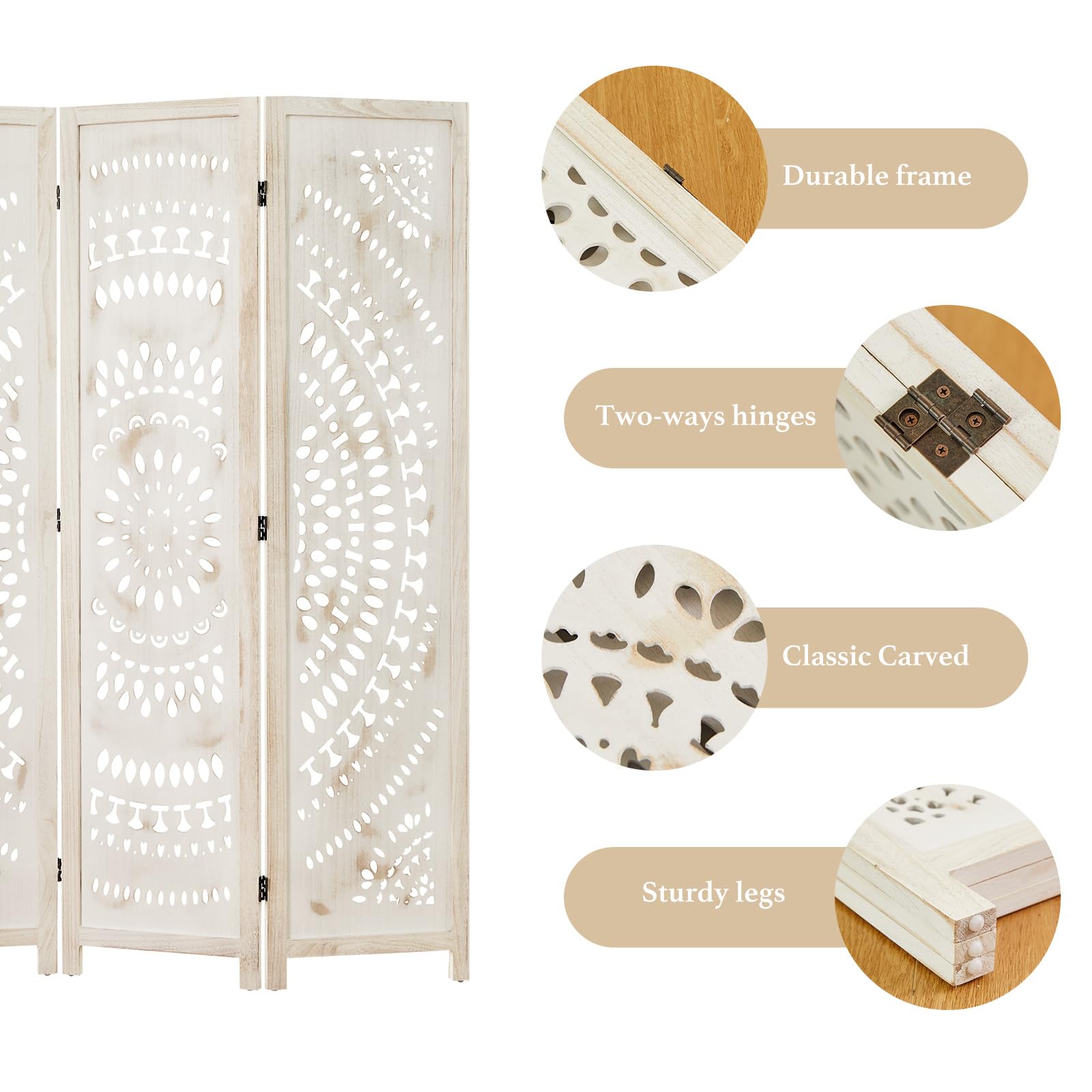 66.9 Inch Folding Room Divider Screen - 6 Panel Wood Carved Privacy Partition for Home, Office, Restaurant & Bedroom - Freestanding & Easy to Assemble (White-Washed) | Perfect for Creating Private Spaces & Room Separation