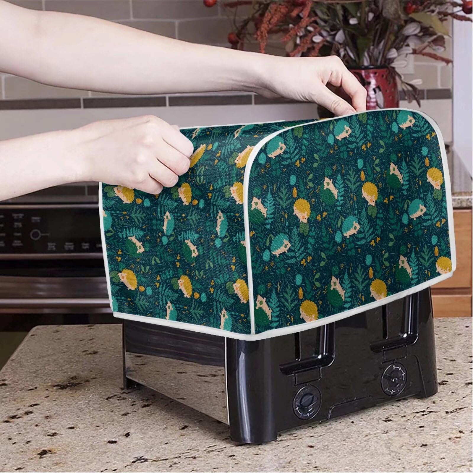 Flowers Hedgehog Printed 4-Slice Toaster Cover - Dustproof Kitchen Appliance Protector for Standard Toasters & Bread Makers | Perfect for Small Kitchen Decor & Countertop Organization