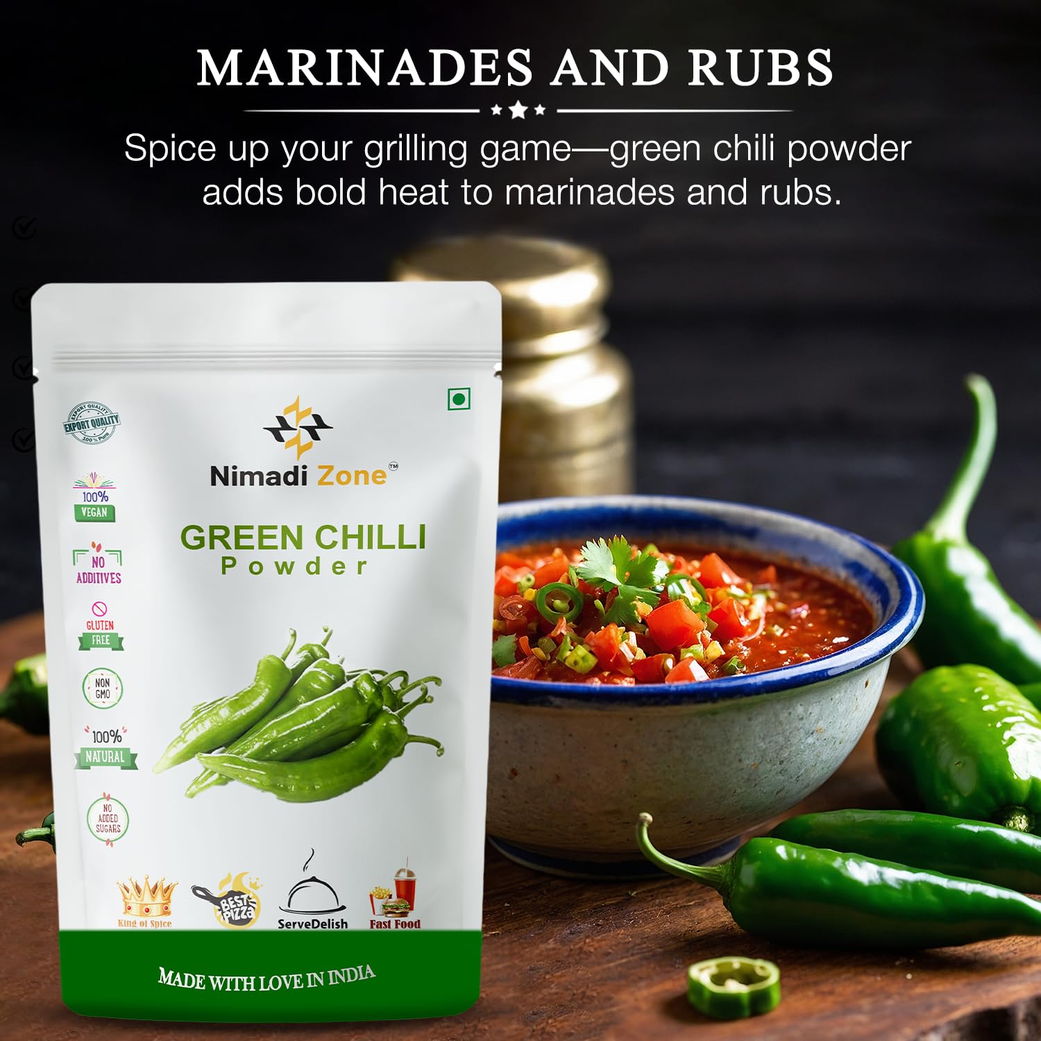 Nimadi Zone Premium Green Chilli Powder (Hari Mirchi Powder) - 500g | Authentic Indian Spice for Cooking, Curry, Chutney & Traditional Dishes | Great for Home Chefs & Restaurant Use