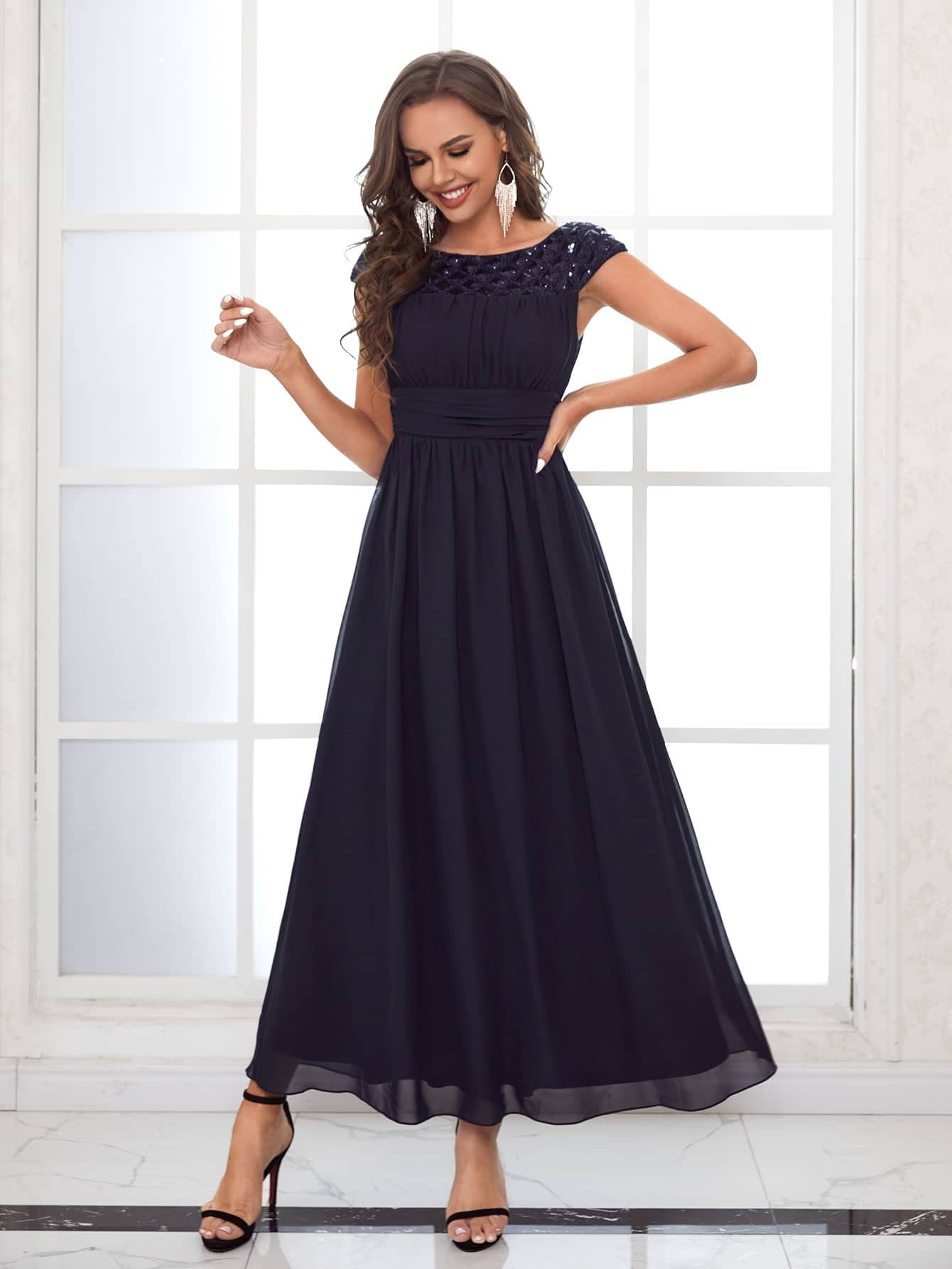 Elegant Women's Sequin Ruched Chiffon Party Dress - Large Size | Glamorous Evening Gown for Cocktail Parties, Weddings & Special Occasions
