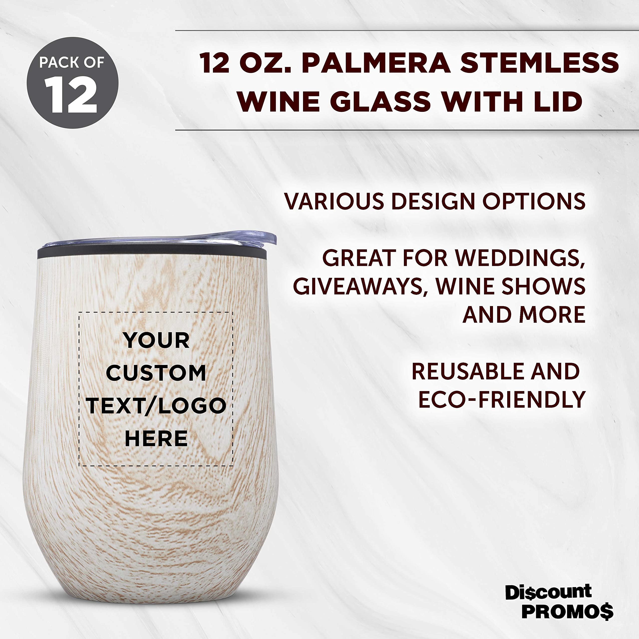 Personalized Palmera Stemless Wine Glasses 12oz Set of 12 - Custom Engraved Bulk Wine Tumblers with Lids - Perfect for Parties, Weddings, Restaurants & Home Use - Great for Wine, Cocktails, Coffee & Iced Drinks - Ashwood Design