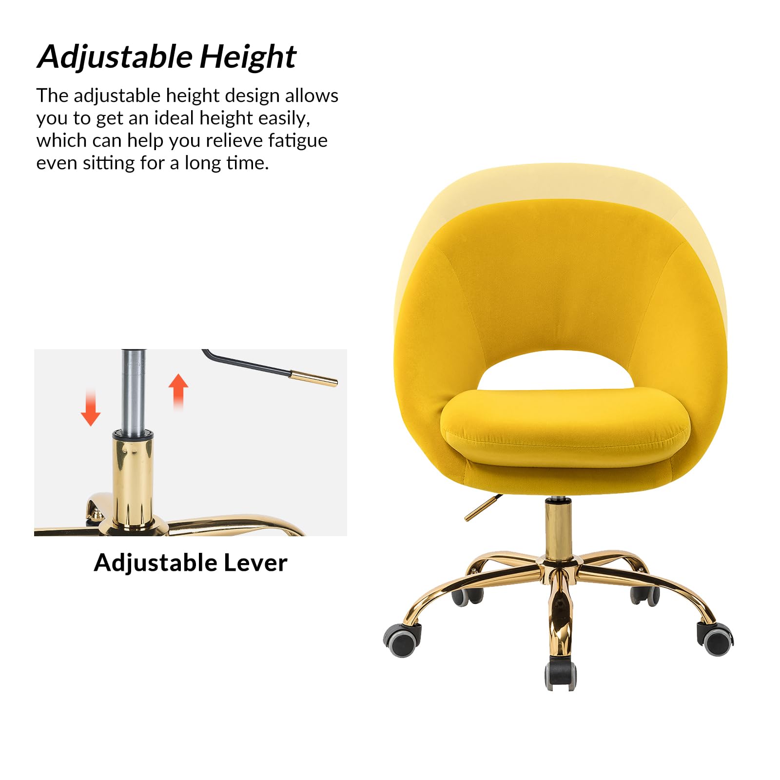 Modern Velvet Office Chair with Adjustable Swivel & Lumbar Support - Ergonomic Upholstered Desk Chair for Home Office, Study, Living Room - Small Cute Accent Chair in Yellow for Work, Gaming & Vanity