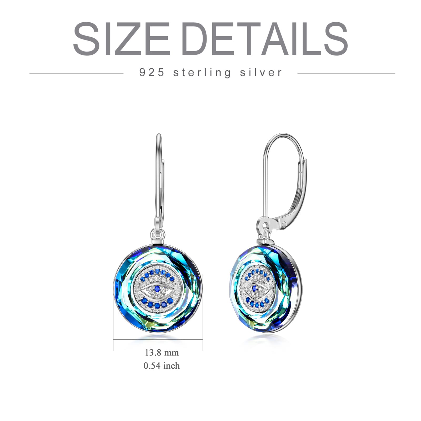 PEIMKO Sterling Silver Evil Eye Leverback Earrings with Crystal - Round Good Luck Protection Jewelry for Women - Perfect for Everyday Wear, Gift Giving & Spiritual Protection