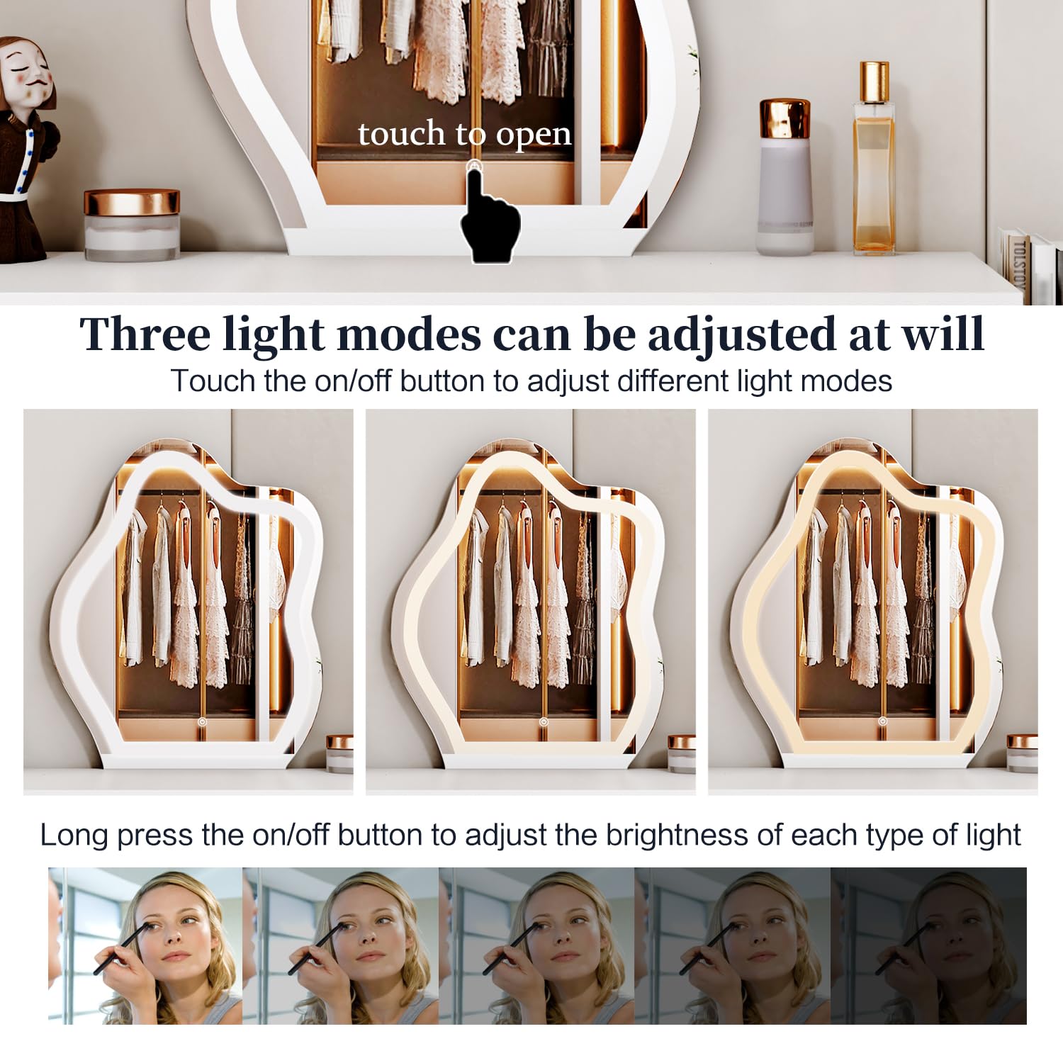 Modern White Vanity Desk with Mirror & Lights - 5 Drawers for Bedroom Makeup