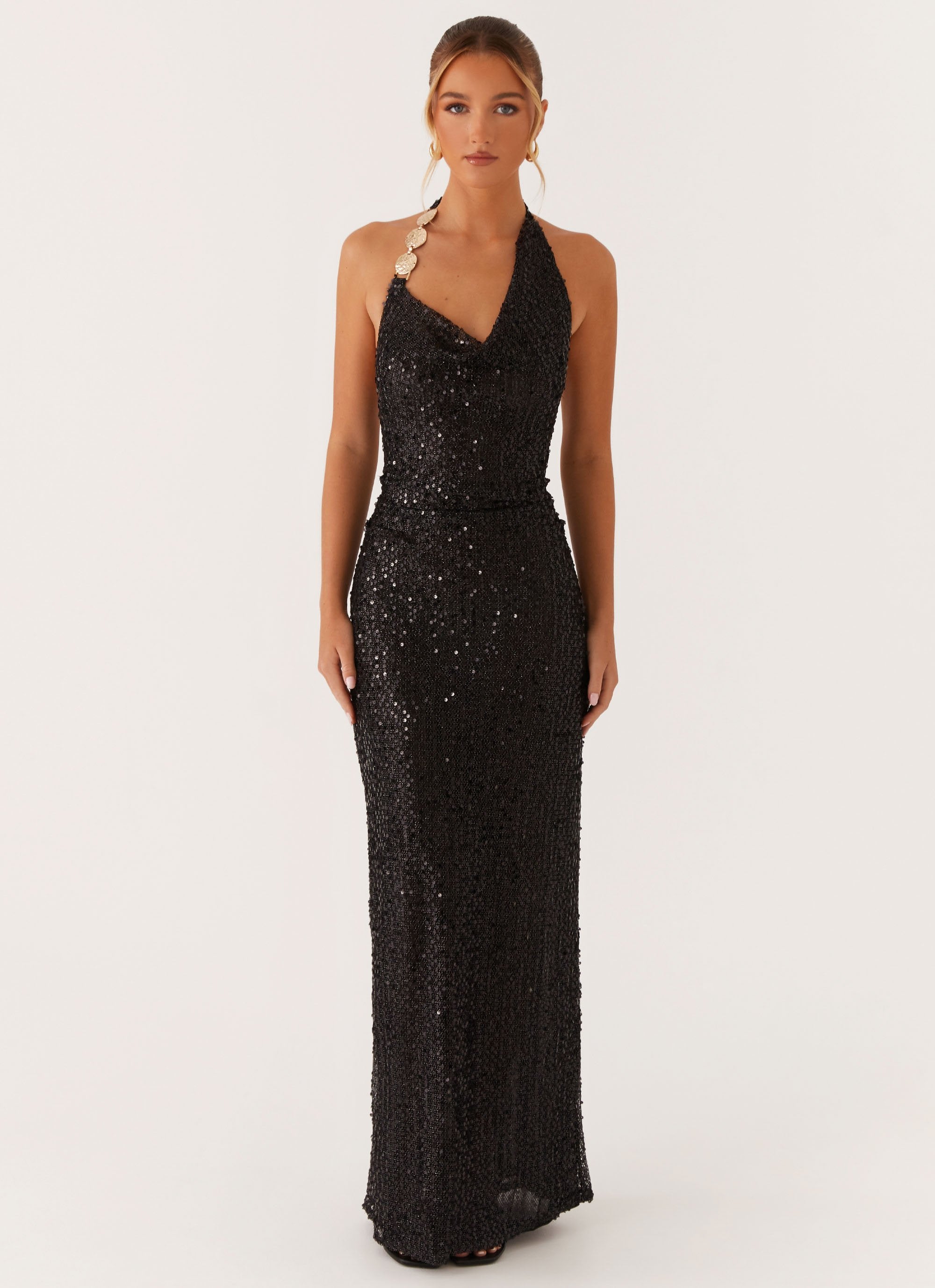 After Tonight Sequin Cowl Neck Maxi Dress - Elegant Black Evening Gown for Parties, Prom & Special Occasions