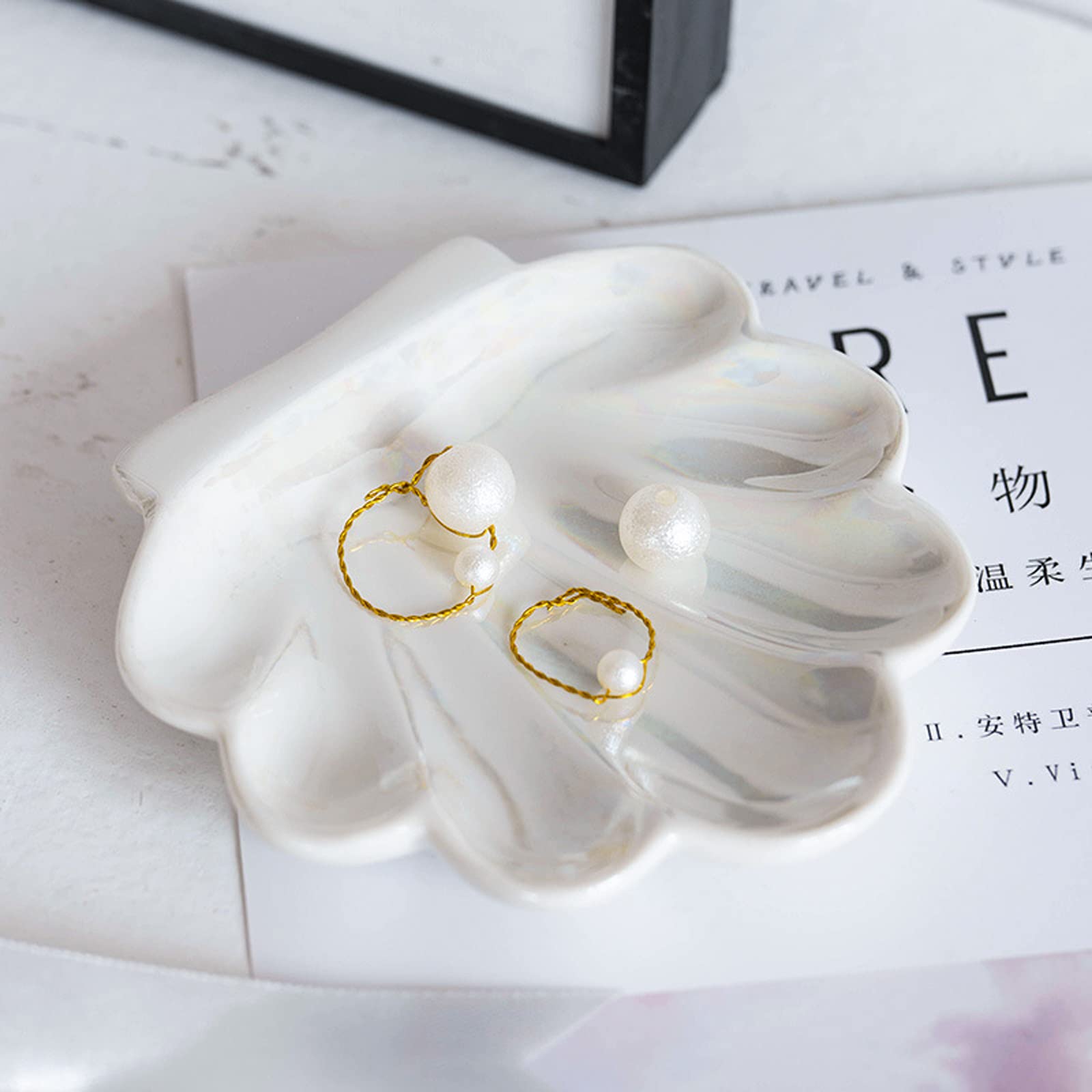 Ceramic Shell Trinket Dish & Jewelry Tray - Elegant Ring Holder, Vanity Organizer Plate for Home Décor, Bathroom Countertop Accessory | Perfect for Jewelry Storage, Makeup Organization & Bathroom Vanity Display