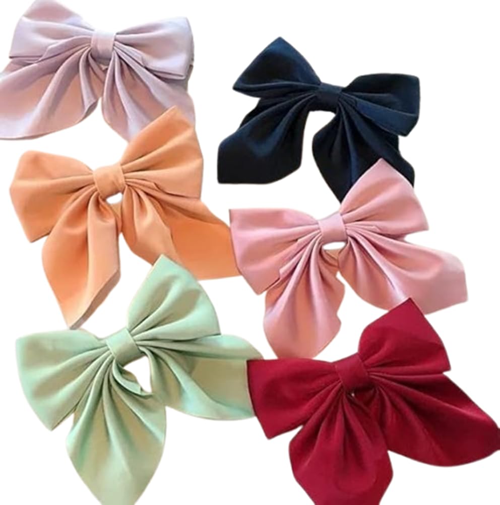 HOMEPIC Large Satin Hair Bows for Women & Girls - Elegant Silk-Style French Bow Hair Clips with Long Tail Ribbon (Multicolor) - Perfect for Weddings, Parties, School & Daily Fashion Accessories
