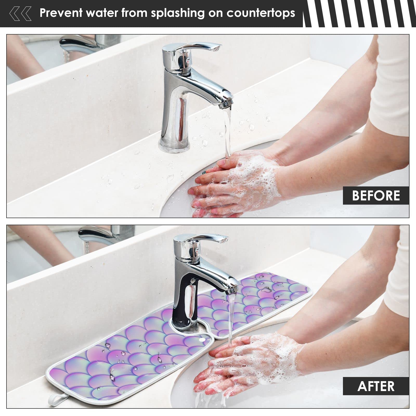 **2 Pack Mermaid Tail Texture Sink Splash Guard - Absorbent & Quick-Drying Faucet Drip Catcher Mat for Kitchen, Bathroom & RV - Glitter Handle Cover for Stylish & Mess-Free Sinks**    *(Use: Prevents water splashes, keeps countertops dry, and adds a decorative touch to sinks in kitchens, bathrooms, or RVs.)*