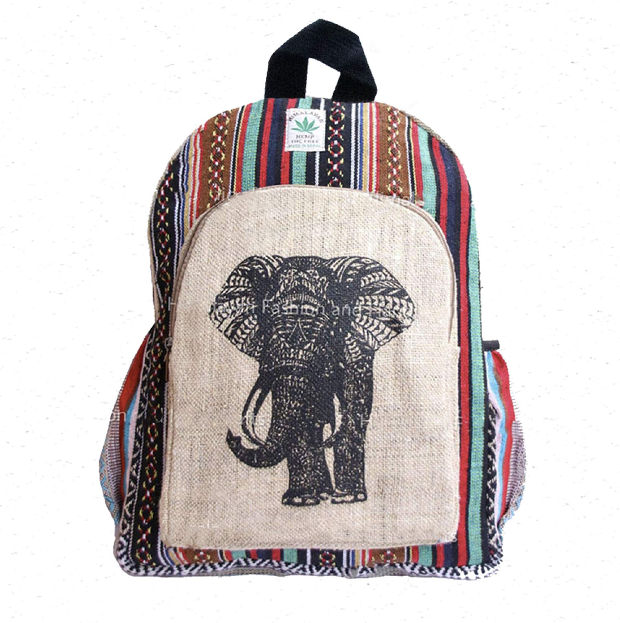 Eco-Friendly Hemp Backpack for Travel & Work - 100% Organic Handmade Laptop Bag with Multiple Pockets | Water Bottle Holder & Laptop Sleeve | Boho Hippie Elephant Design Unisex Backpack for Men & Women | Perfect for College, Commuting & Outdoor Adventures