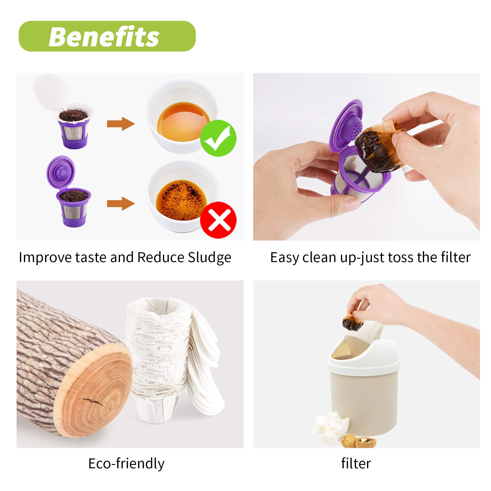Disposable K Cup Coffee Paper Filters with Lid - 100 Pack, Compatible with All Keurig Single Serve Coffee Makers & Reusable K Cups | Perfect for Home, Office, and Travel Use