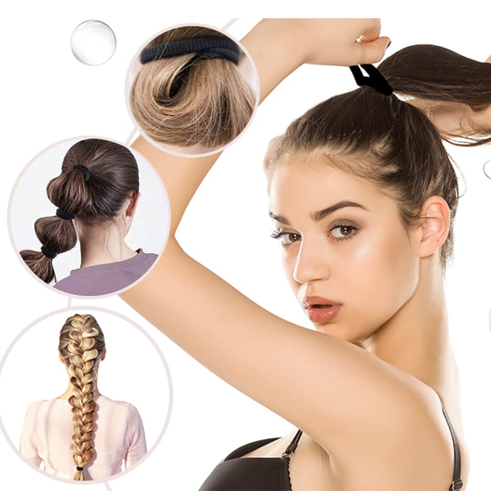 MYYNTI 100pcs Black Hair Ties - Seamless Cotton Thick Elastic Hair Bands for Women & Girls - No Damage Ponytail Holders for Workout, Yoga, School & Daily Use