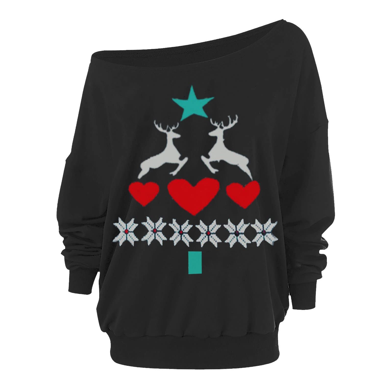 Women's Long Sleeve Solid Color Christmas Print T-Shirt - Crew Neck Casual Top for Holiday Parties, Family Gatherings & Winter Outfits (Black)