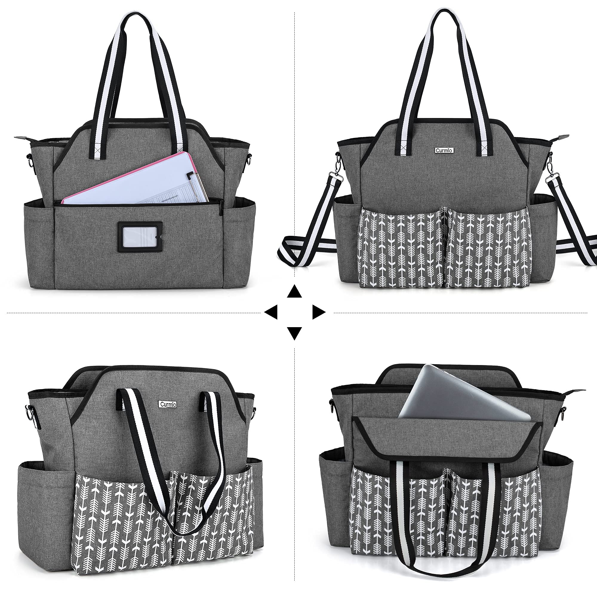 **CURMIO Women's Teacher Tote Bag with Shoulder Strap & Padded Laptop Sleeve - Portable Work Bag for Women, Perfect Teacher Gift (Gray with Arrow) - Ideal for School, Office, and Commuting**