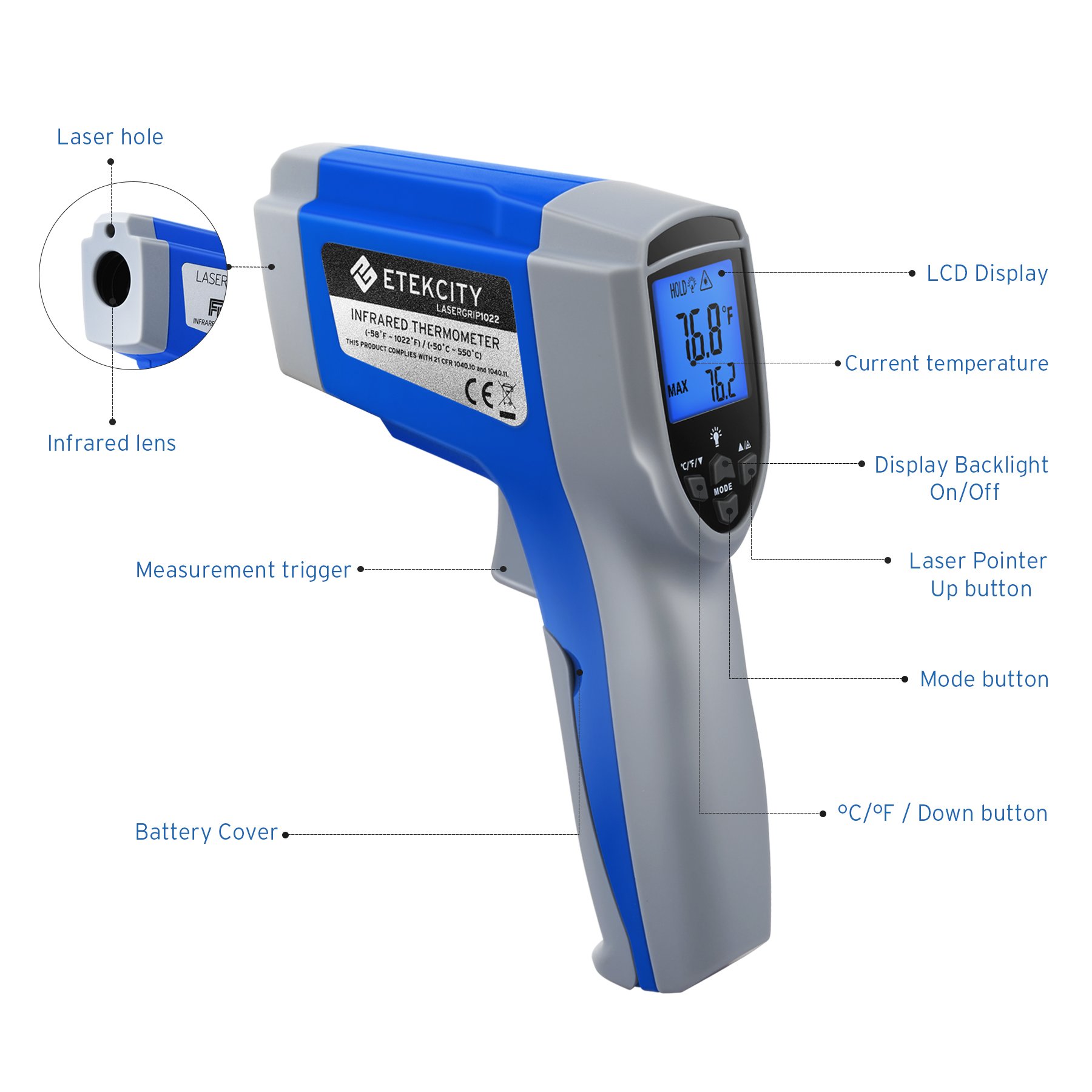 Etekcity Infrared Thermometer Gun -58°F to 1022°F (-50°C to 550°C) with Adjustable Emissivity, Non-Contact Digital Laser Temperature Gun for Cooking, HVAC, Automotive, Industrial Use - Perfect for Grilling, Meat, Refrigerator, Pool and Oven Temperature Monitoring (Blue)