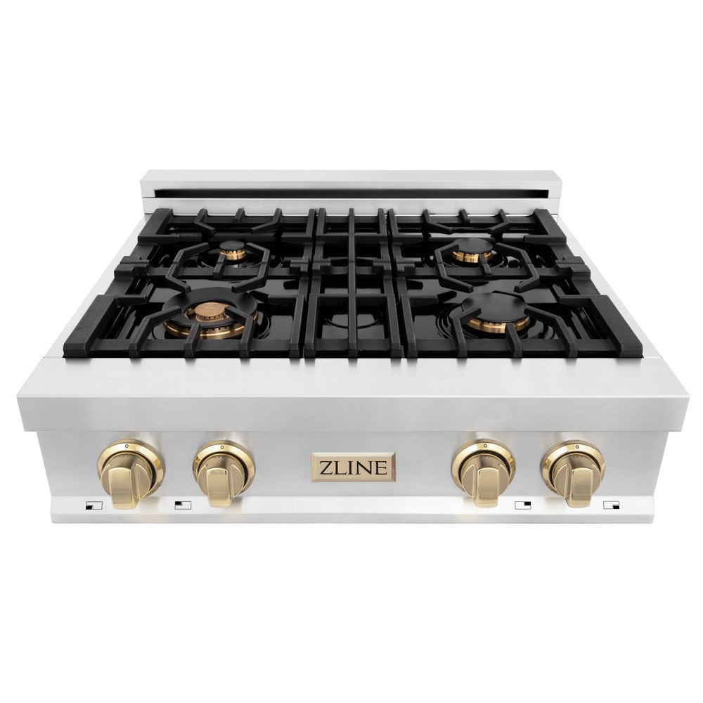 ZLINE RTZ 30 G 30-Inch 4-Burner Gas Rangetop with Porcelain Cooktop - Stainless Steel with Polished Gold Accents - Professional Style for Home Kitchen & Restaurant Use