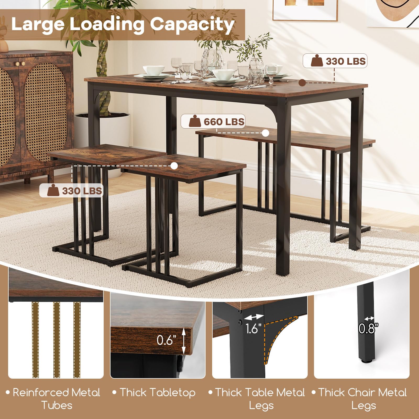 GOFLAME 4-Piece Industrial Dining Table Set with Wood Table, Bench & 2 Stools - Space Saving Rectangular Kitchen Table for Small Spaces - Perfect for Dining Room, Living Room, Restaurant, Pub & Outdoor Patio