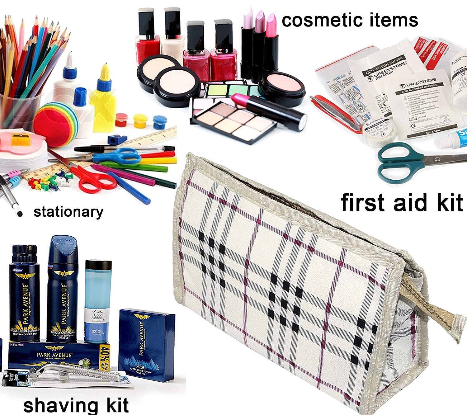 PRISMAXIC 3-Piece Travel Pouch Set - Waterproof Toiletry Bag, Cosmetic Organizer & Stationery Case for Makeup, Shaving, Pens & Pencils (White Checkered Pattern) - Perfect for Travel, Gym, Camping & Daily Organization