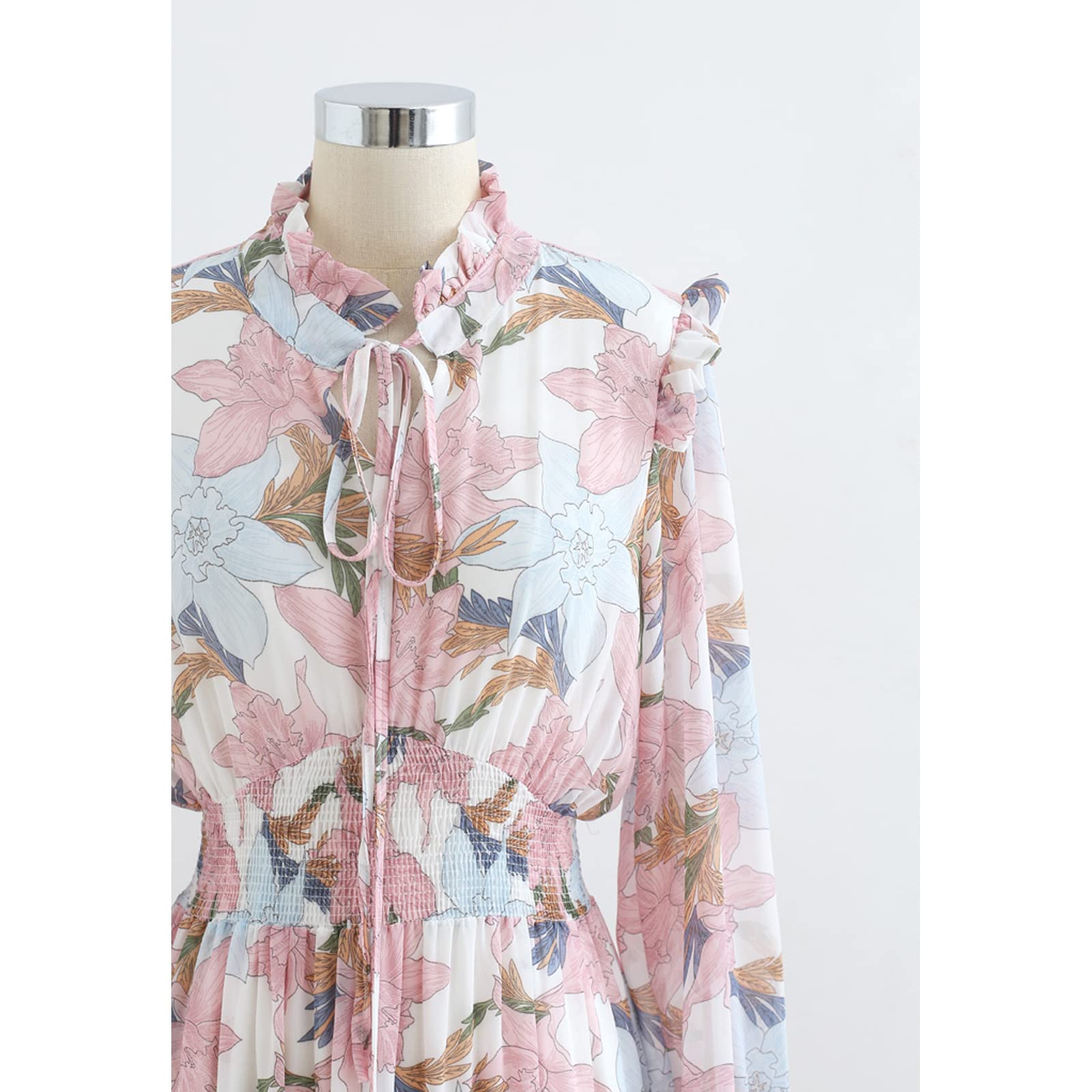 CHICWISH Women's Floral Print Chiffon Maxi Dress with Self-Tie V-Neck - Elegant Pink Lily Design for Summer Weddings, Beach Vacations & Special Occasions