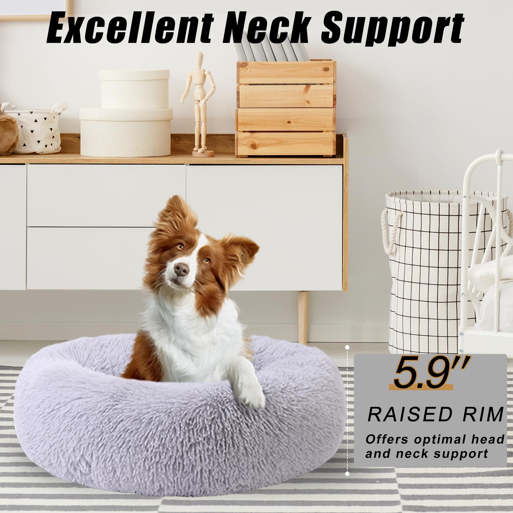 Calming Donut Dog Bed for Small to Medium Pets Up to 80 lbs - Anti-Anxiety Round Pet Bed with Fluffy Washable Cover & Non-Slip Bottom (36