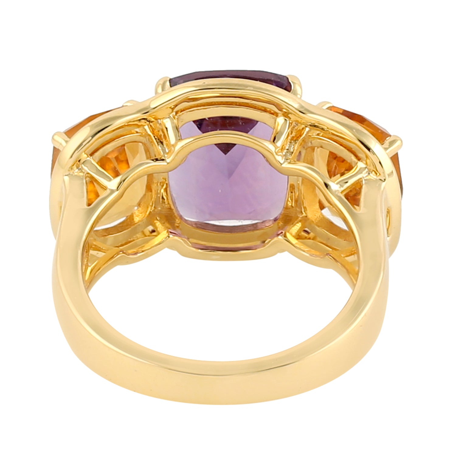Handmade Yellow Gold Three Stone Ring with Cushion Cut Amethyst & Citrine Prong Setting | Elegant Jewelry for Weddings, Anniversaries & Special Occasions
