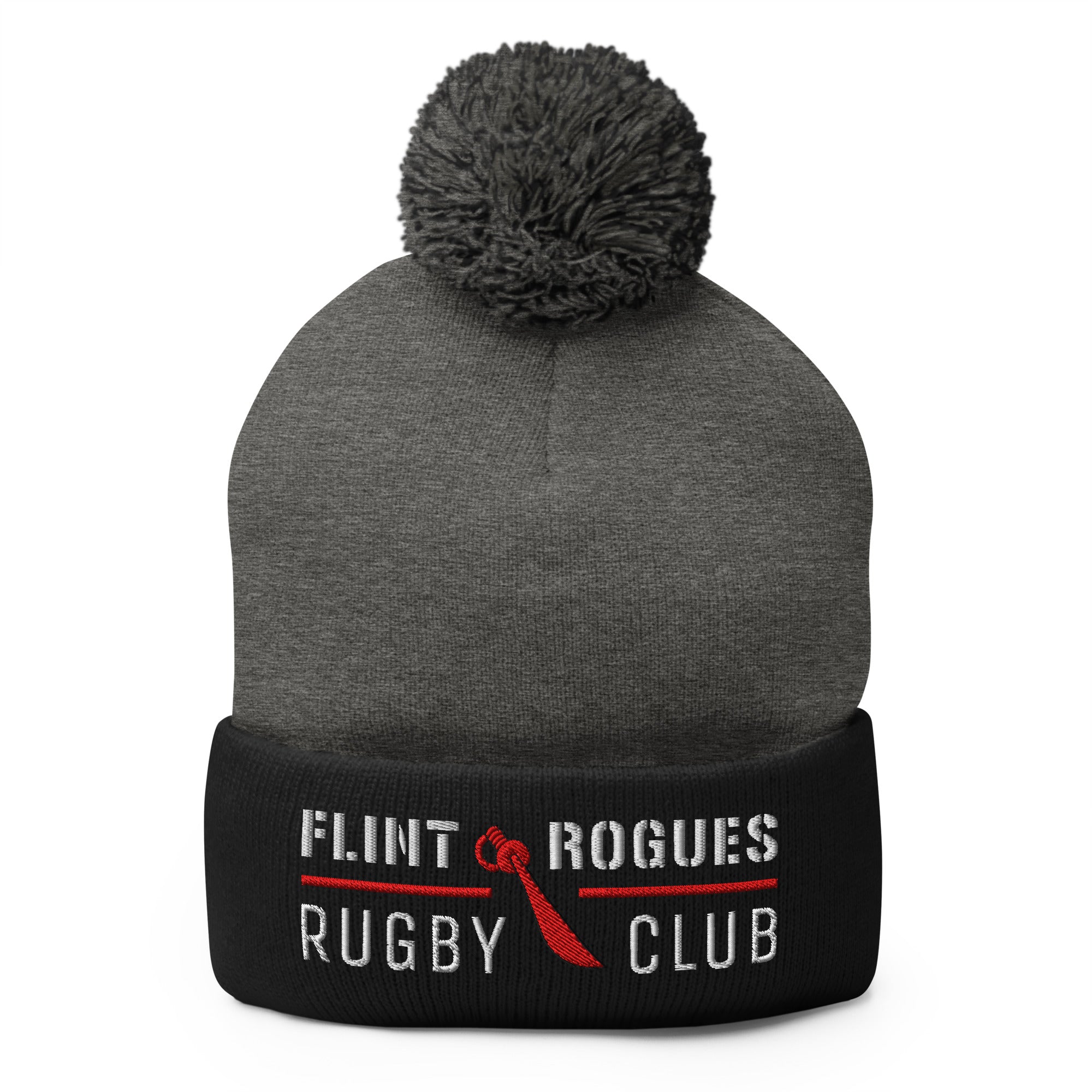 Flint Rogues RFC Pom Beanie - Winter Knit Hat for Men & Women - Soft Warm Skull Cap with Faux Fur Pom - Perfect for Snowboarding, Skiing, and Outdoor Activities