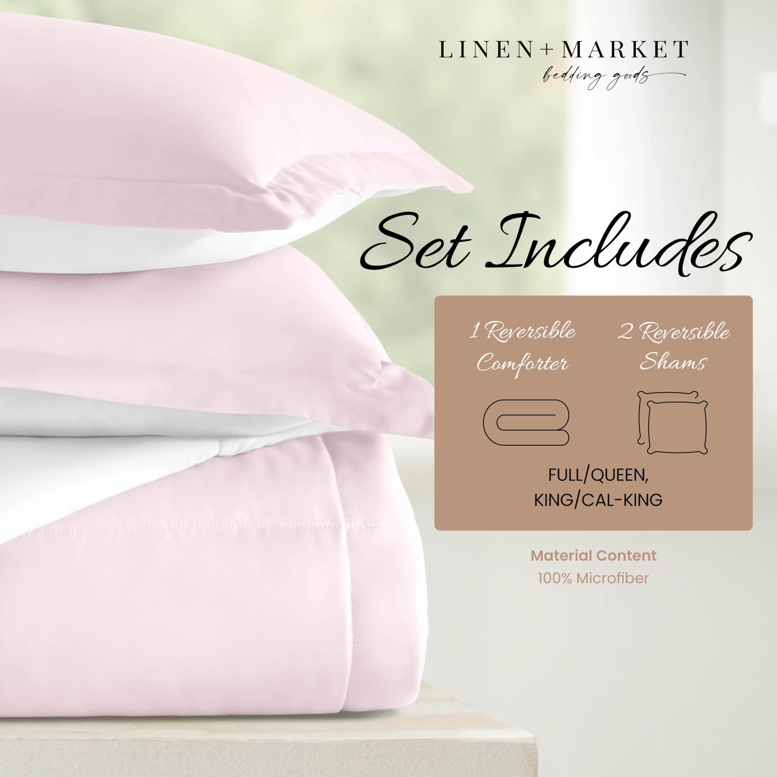 Luxury Reversible King Size Comforter Set (3 Piece) - Soft & Lightweight Down Alternative Bedding with 2 Pillow Shams - Premium Linen Bedding for Master Bedroom, Guest Room & Hotel Use