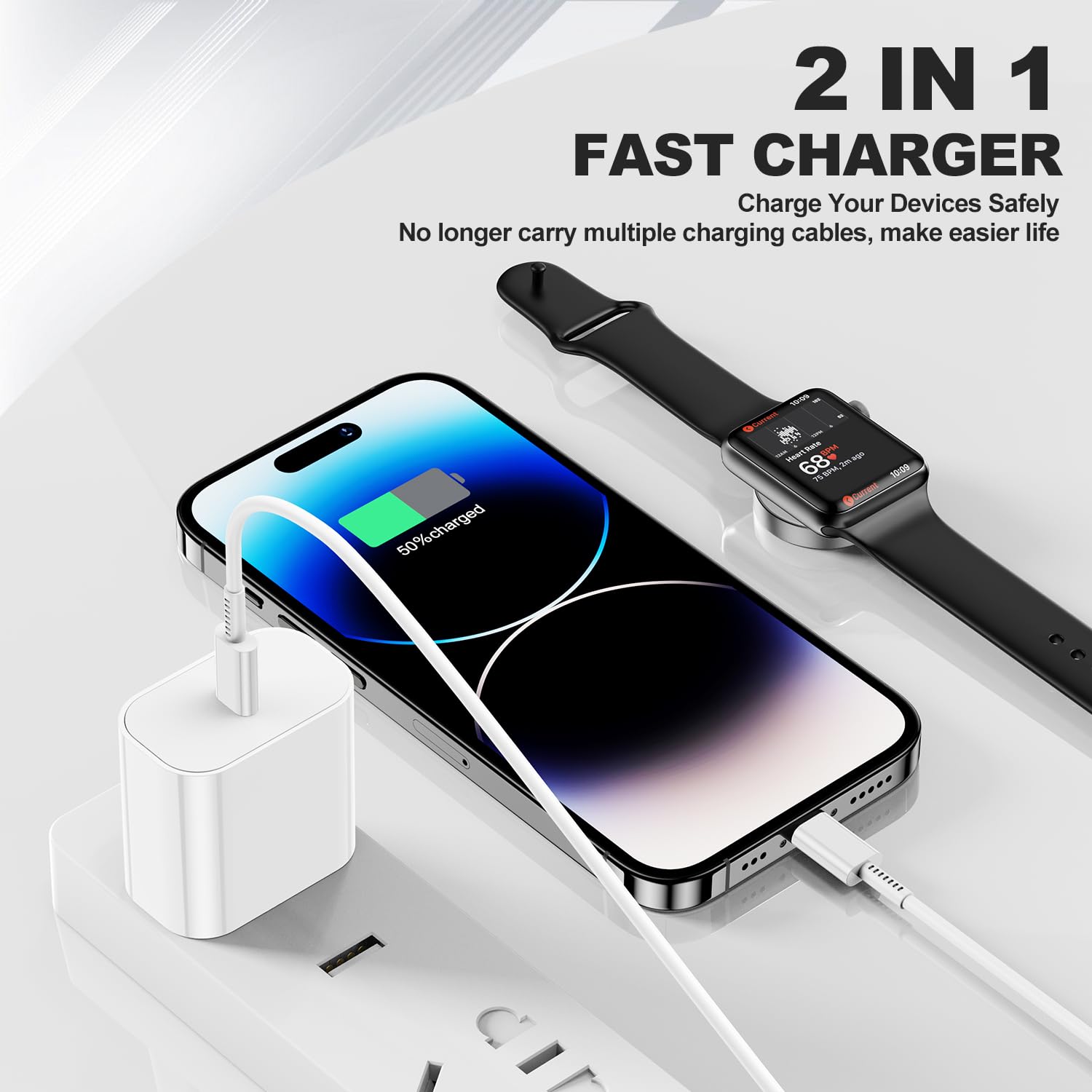 MFi Certified Magnetic 2-in-1 Fast Charging Cable for Apple Watch & iPhone - 6ft USB-C Charger with 20W Power Adapter (Compatible with iWatch Series Ultra/9/8/7/6/5/4/3/SE & iPhone 14/13/12) - Perfect for Travel, Office & Nightstand Charging