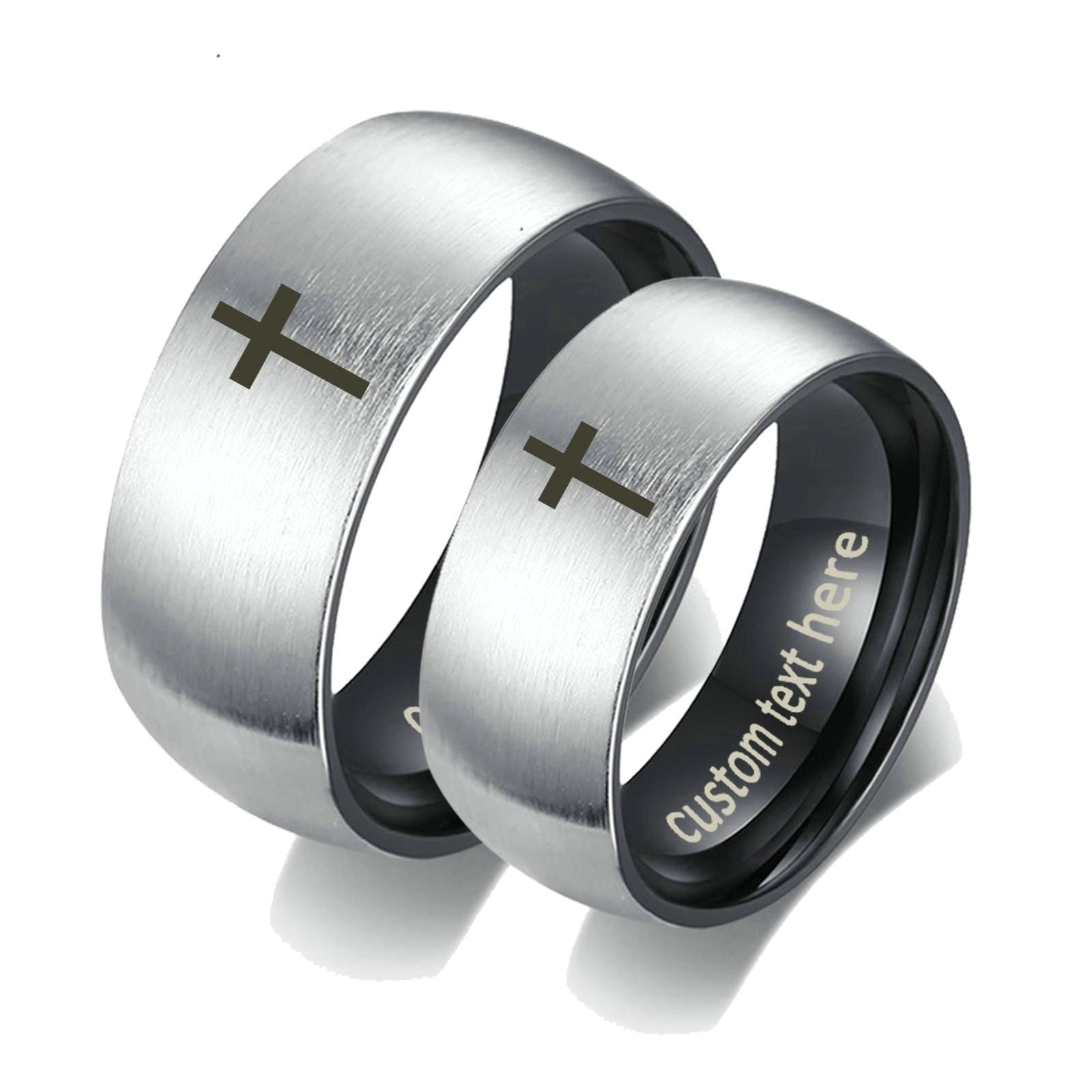 Ayoiow His and Her Stainless Steel Wedding Rings Set - Brushed Black Cross Design Engagement Bands for Couples - Perfect for Anniversaries, Proposals & Romantic Gifts