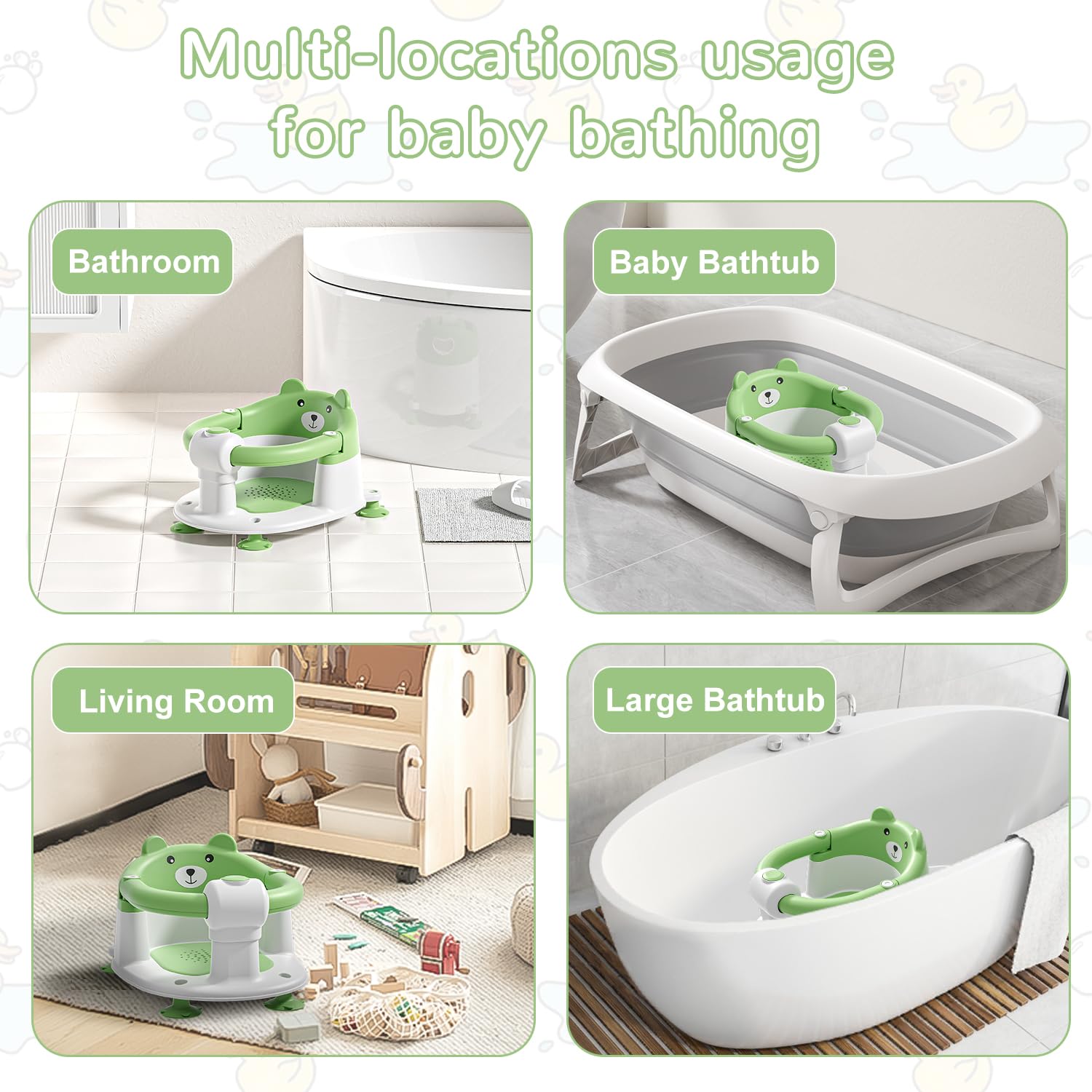 **Non-Slip Baby Bath Seat for Infants 6+ Months – Safe Toddler Bathtub Chair with 4 Suction Cups & Soft Cushion – Perfect for Newborns Learning to Sit Up – Ideal for Shower & Bath Time (Green)**