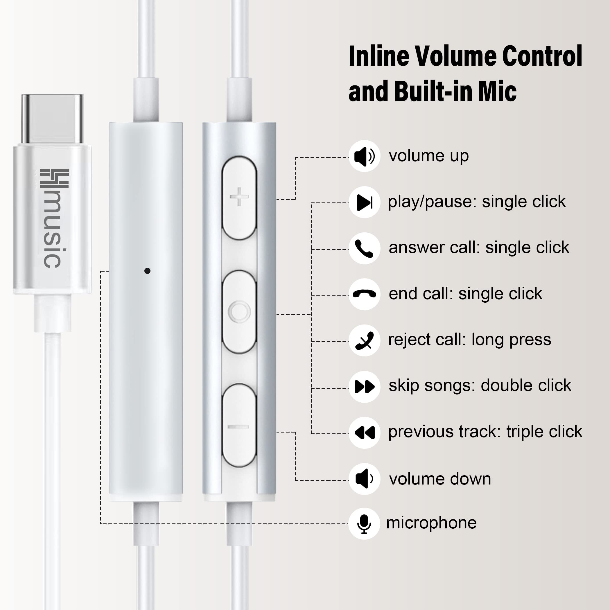 Hmusic USB C Headphones with Mic - Wired Type C Earphones, Magnetic In-Ear Earbuds with Volume Control - Compatible with Samsung Galaxy, Google Pixel, Xiaomi Android Phones (White) - Perfect for Commuting, Workouts & Gaming
