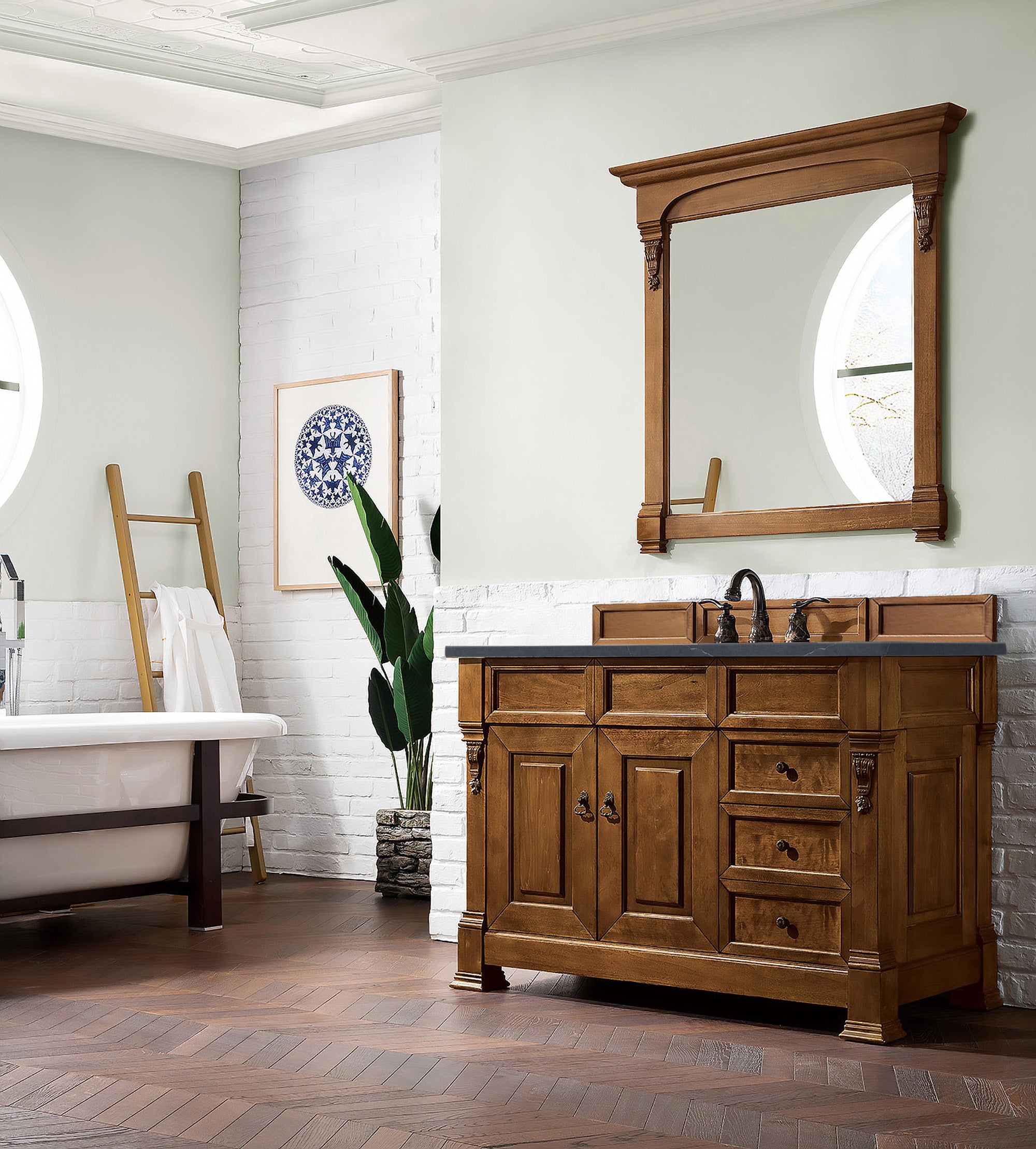 Brookfield 48 Inch Single Bathroom Vanity with Country Oak Finish & 3CM Charcoal Soapstone Quartz Countertop - Perfect for Modern Farmhouse, Rustic, or Traditional Bathroom Decor