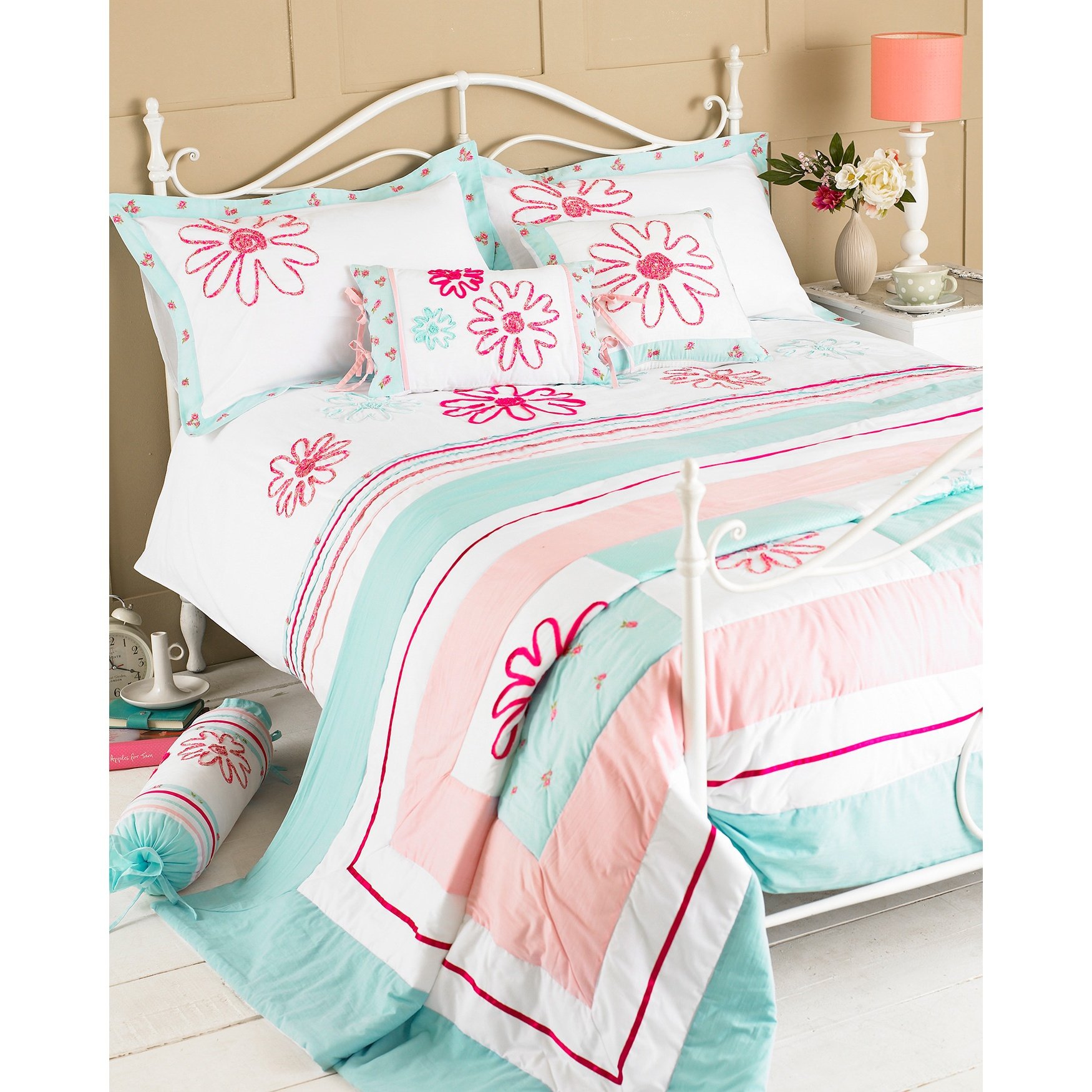 Harriet Bedspread King Size 94x102 Inches - Duck Egg Blue & Pink Reversible Quilted Coverlet for Bedroom Decor, Guest Room, and Cozy Home Styling