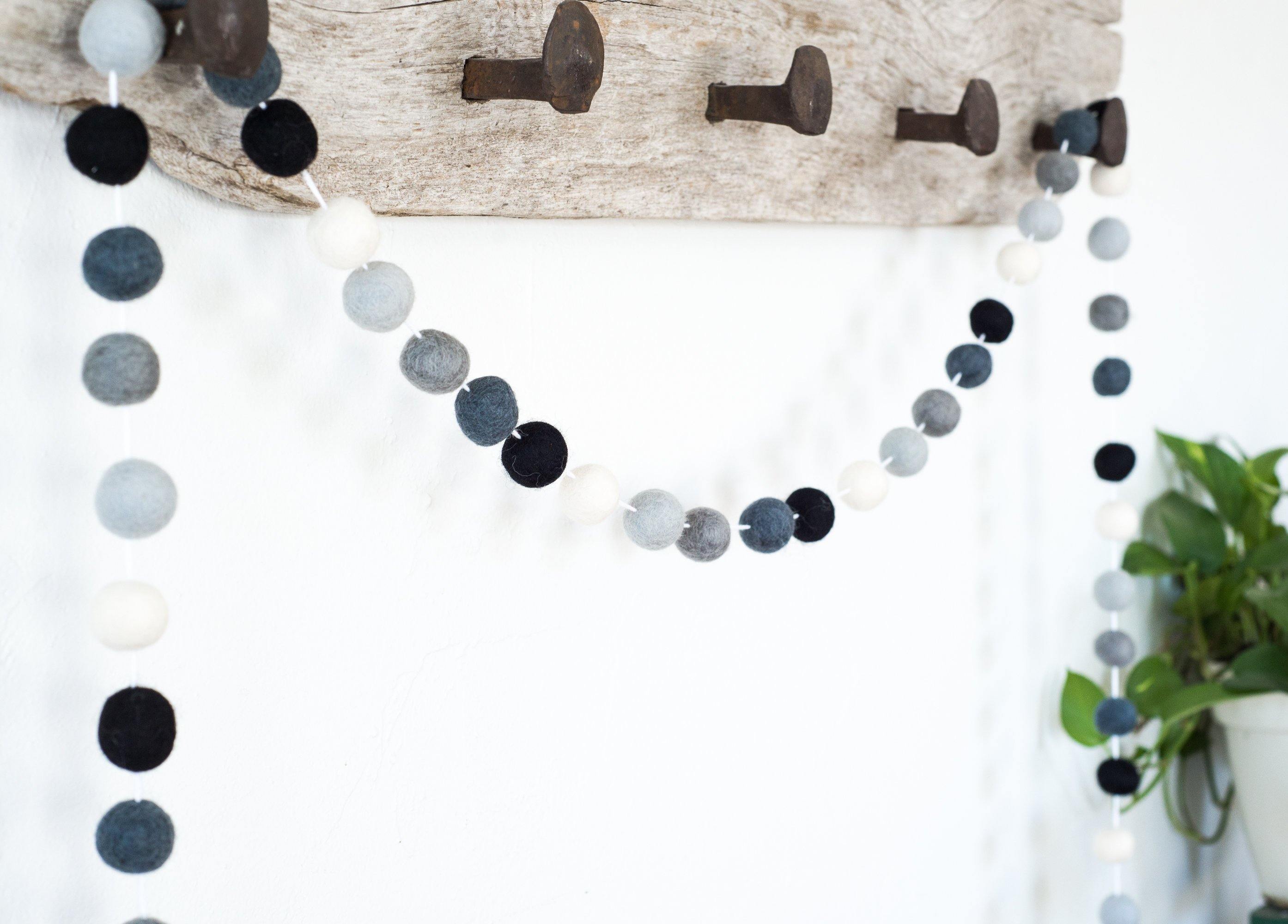Black to White Ombre Felt Ball Garland - Stylish Party Decor for Weddings, Baby Showers & Home Decor