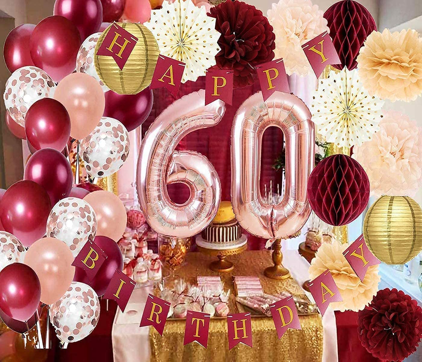 Elegant 60th Birthday Decorations for Women - Burgundy & Rose Gold Party Supplies, Happy Birthday Banner, Polka Dot Fans - Perfect for Milestone Celebrations & Themed Parties