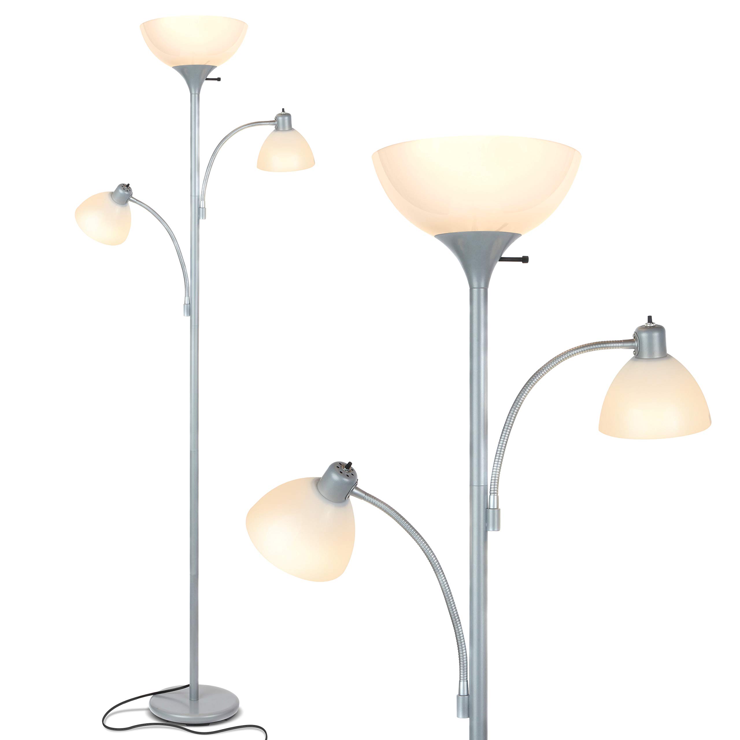 Brightech Sky Dome Double LED Floor Lamp - Super Bright Torchiere with 2 Adjustable Reading Lights, Dimmable Standing Lamp for Living Room, Bedroom & Office - Tall Silver Pole Floor Light for Reading, Working & Relaxing