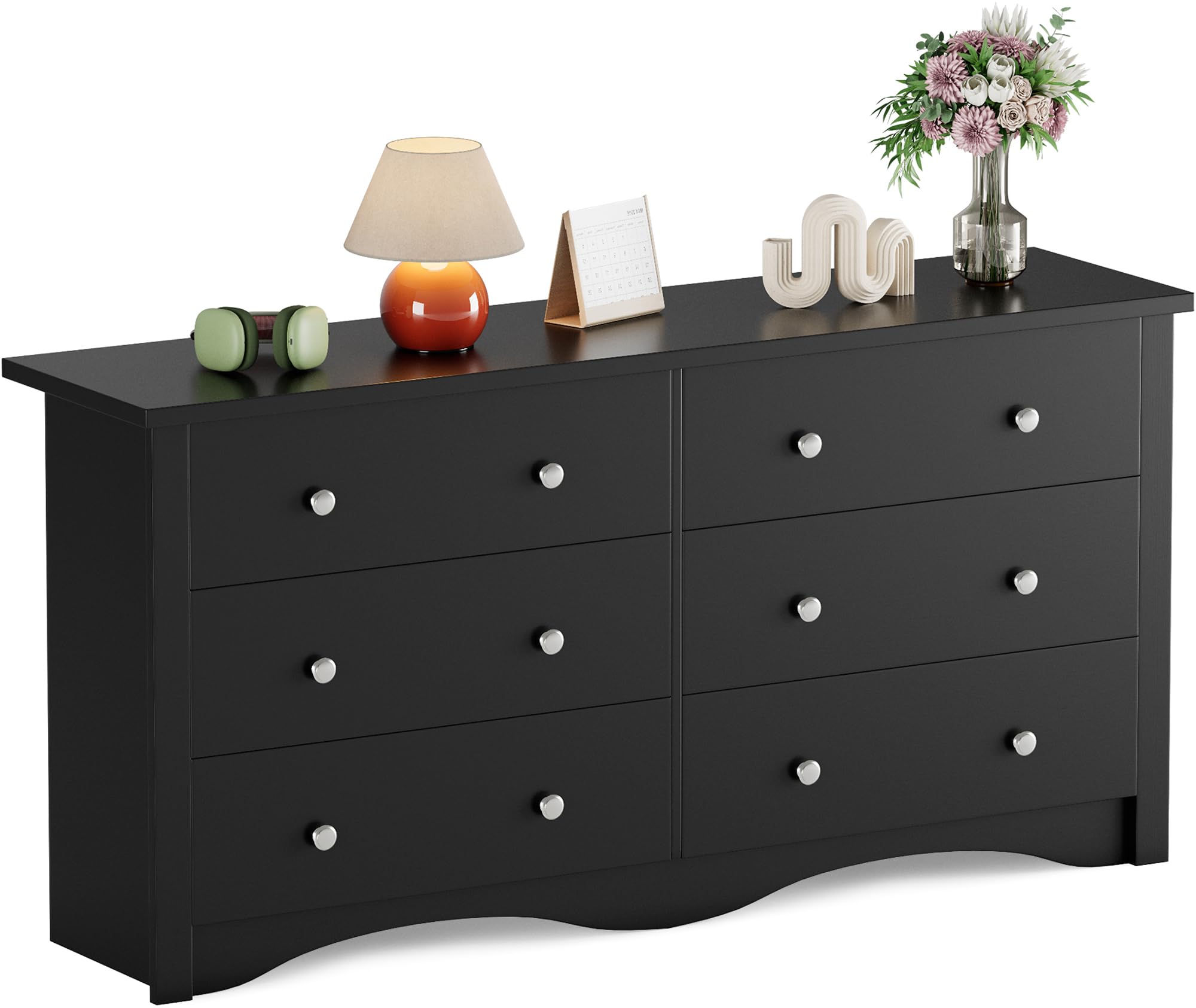 Flamaker 6-Drawer Wooden Dresser for Bedroom - Modern Wide Storage Chest with Anti-Tip Safety, Black - Perfect for Bedroom Organization, Living Room Storage & Entryway Furniture