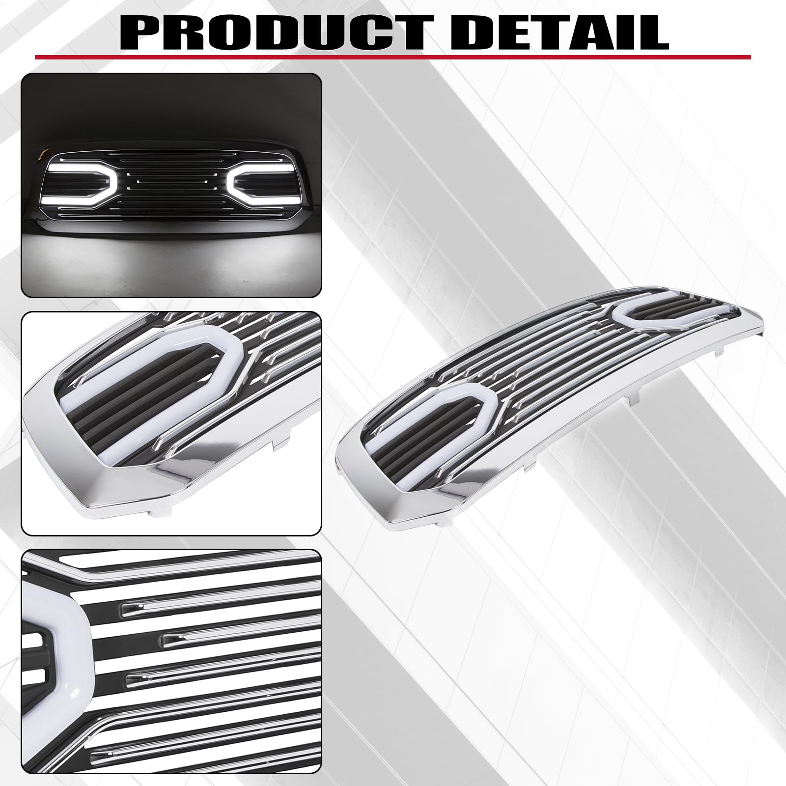 HECASA Chrome Front Big Horn Grille Replacement Shell Compatible with 2013-2018 Dodge RAM 1500 (With Light) - Upgrade Your Truck's Style for Off-Roading & Show Car Events