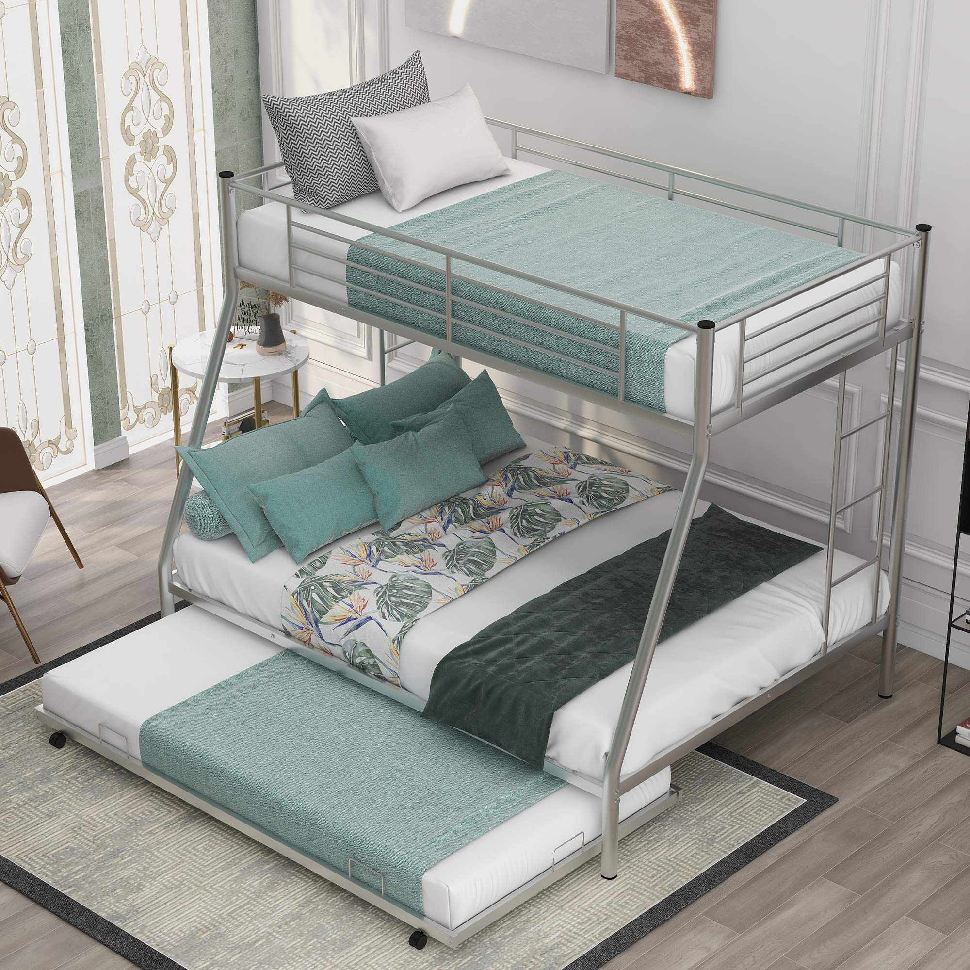 Metal Bunk Beds Twin Over Full Size with 2 Ladders & Trundle - Sturdy Space-Saving Bed Frame for Kids, Teens & Adults in Silver | Perfect for Small Bedrooms, Guest Rooms & Dormitories