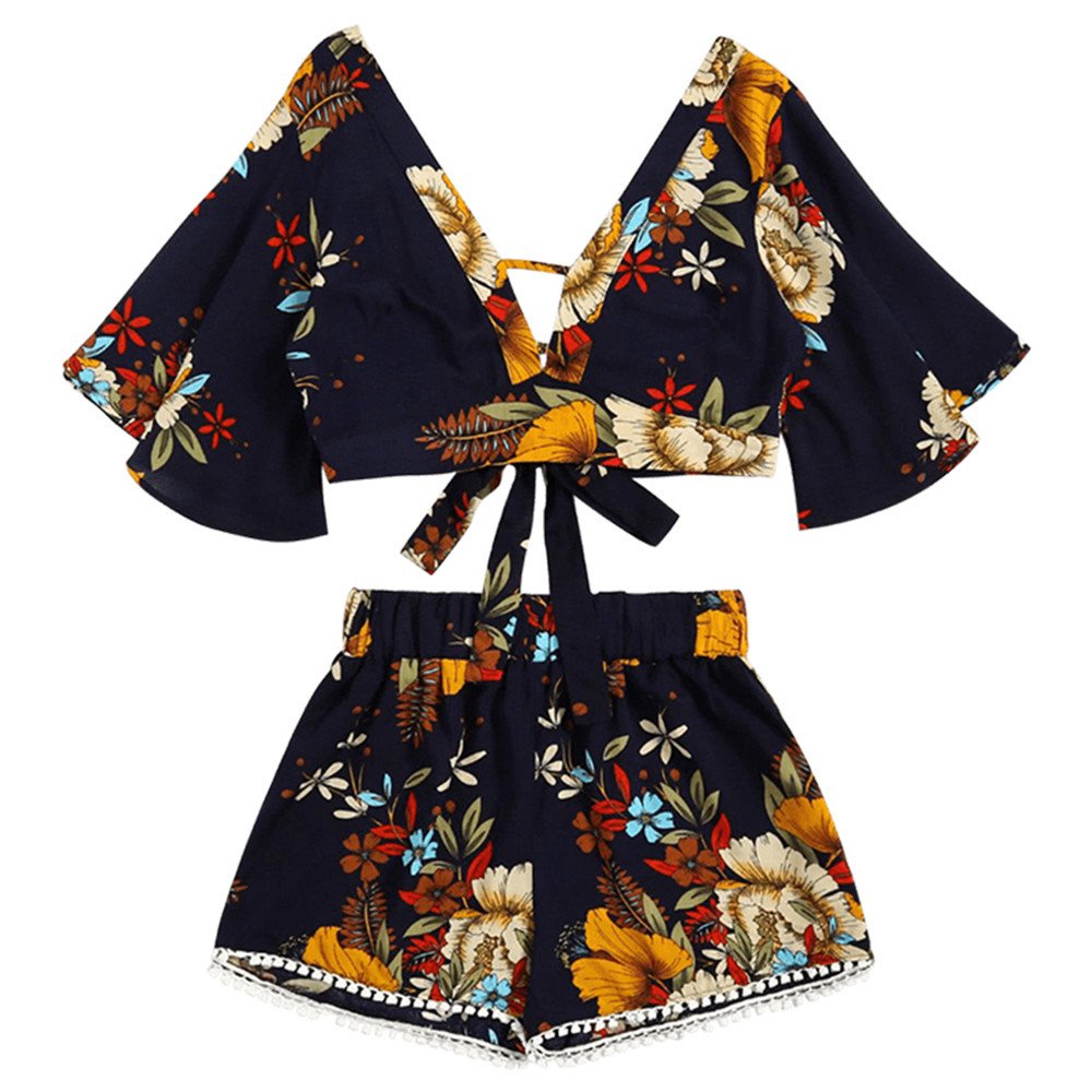 2018 Women's Fashion V Neck Bandage Crop Top + Tassel Shorts Set - Floral Print Two Piece Sexy Beachwear for Summer Vacation, Pool Party & Tropical Getaway