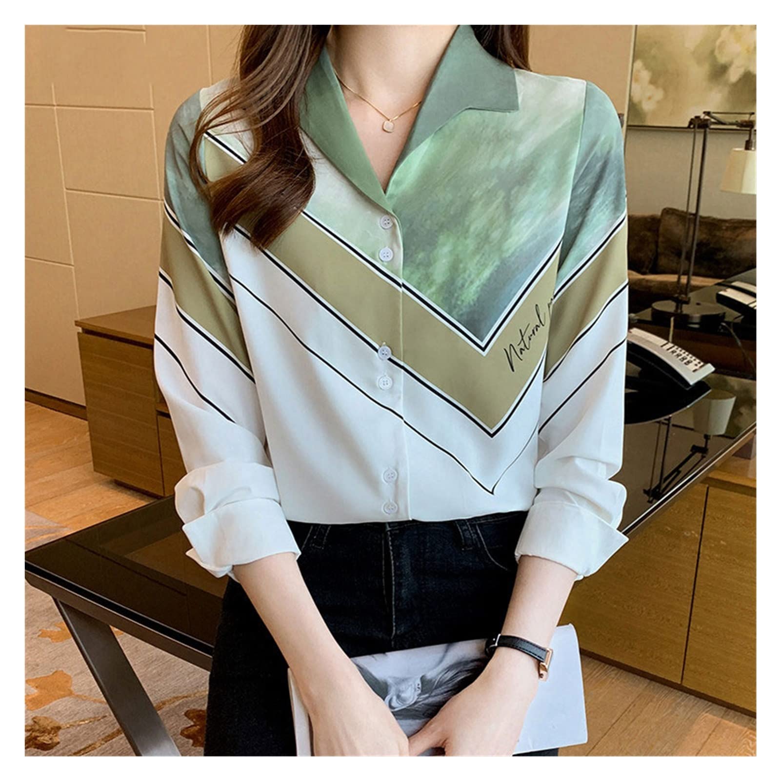 Elegant Printed Chiffon Blouse for Women - Long Sleeve Turn Down Collar Tops (Color A, Size M) | Perfect for Office Wear & Casual Outings