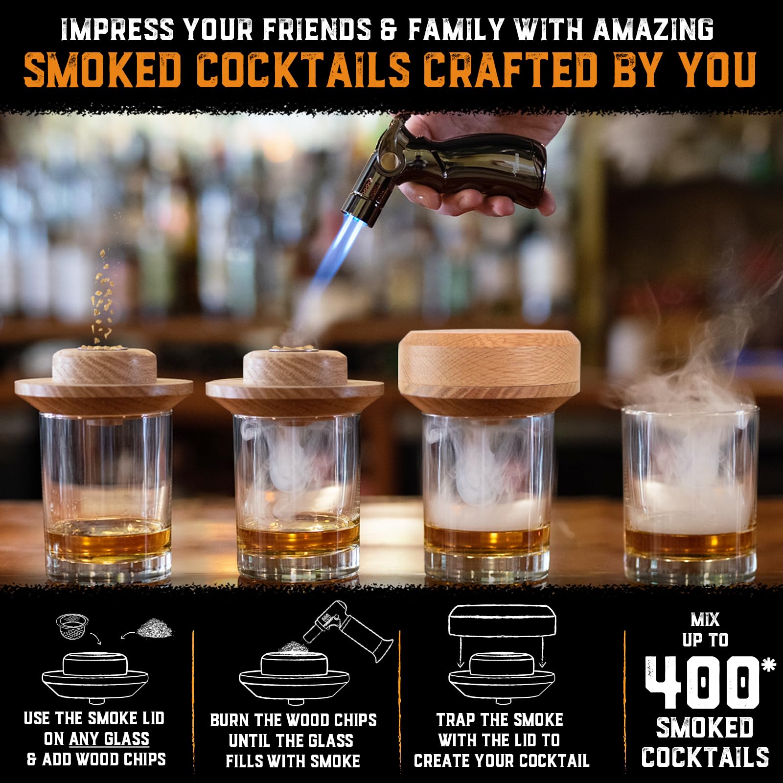 Premium Cocktail Smoker Kit with Butane Torch & 4 Wood Chip Flavors - Whiskey, Bourbon & Drink Smoking Accessories for Home Bars & Mixology Enthusiasts